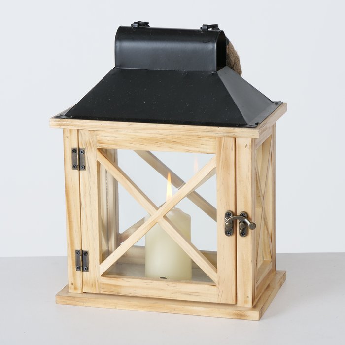 Holz Laterne Moritz mit Metalldach und Juteseil, 31x22cm, Boltze