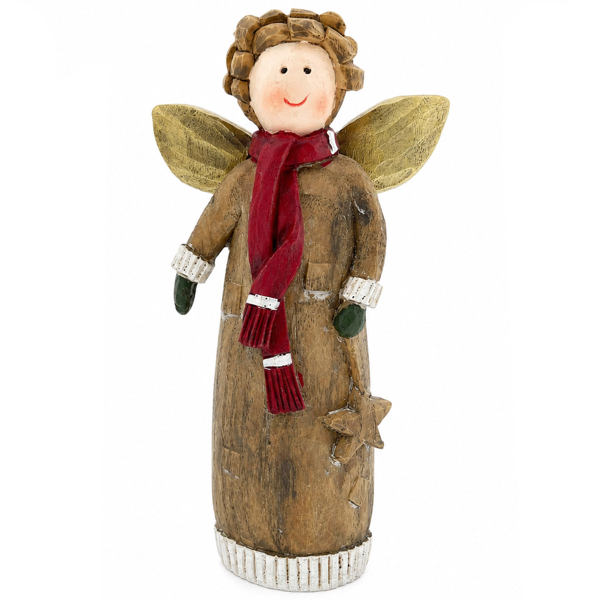Deko Engel, Weihnachtsengel in Holzoptik mit rotem Schal und Handschuhe