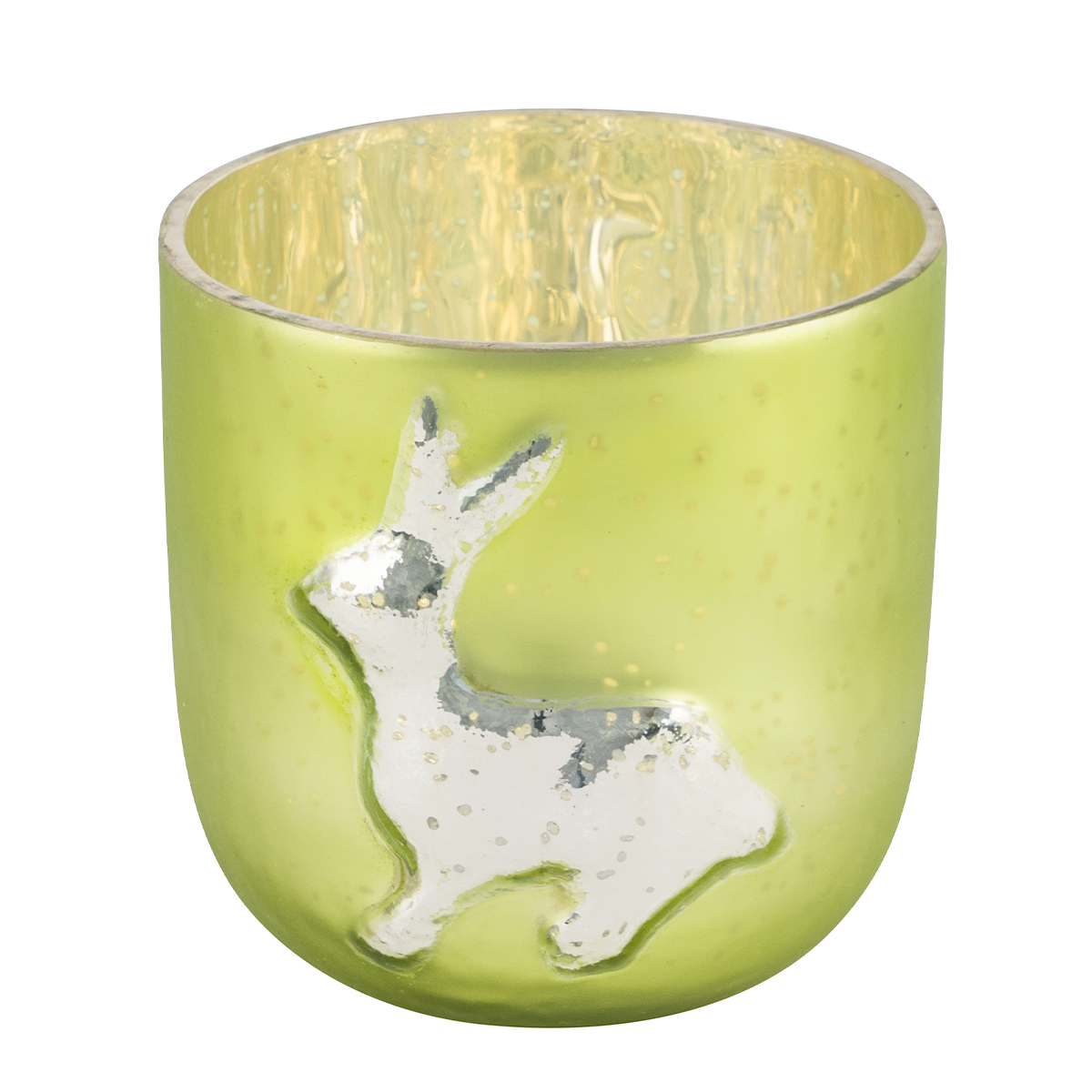 Deko Windlicht Hase, Glaswindlicht grün mit silbernem Hase, 11cm