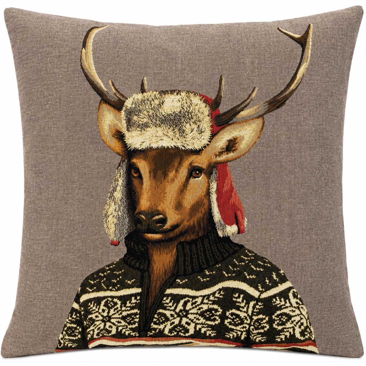 Gobelin Kissen Hirsch, Nordic Hirsch mit Fliegermütze, 45x45cm, Mars & More