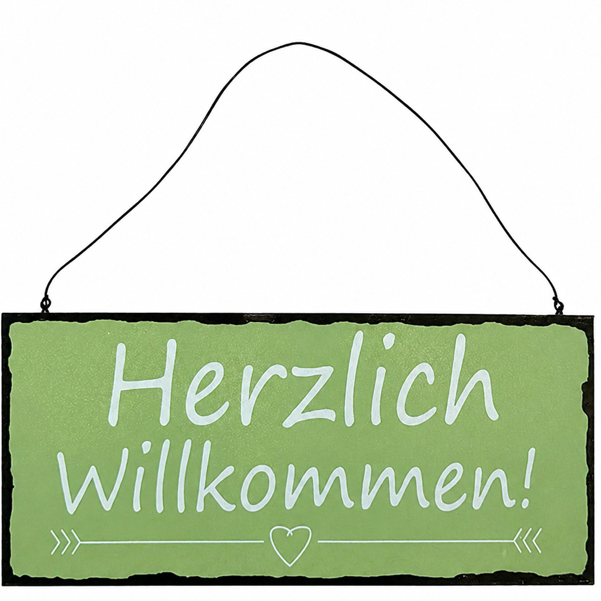 Metall-Schild mit Schriftzug: Herzlich Willkommen, grün