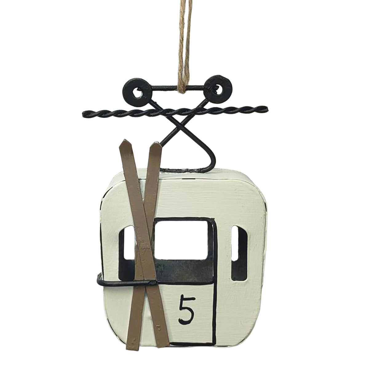 Deko Gondel Nr 5 weiß, braune Ski, Seilbahn, Skigondel aus Metall, 8cm