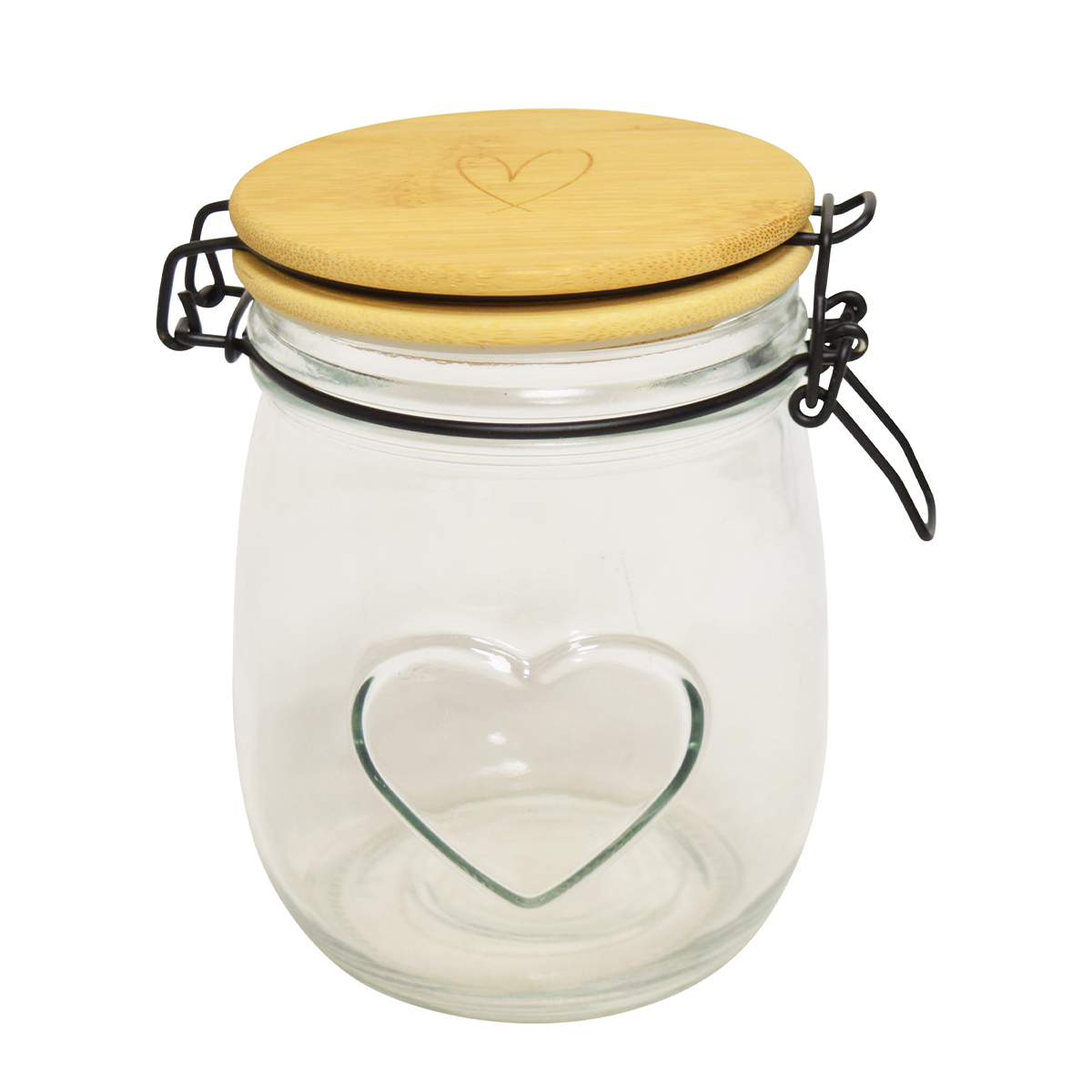Vorratsglas Herz, Schnappglas mit Bambusdeckel und Herz, 11x14cm