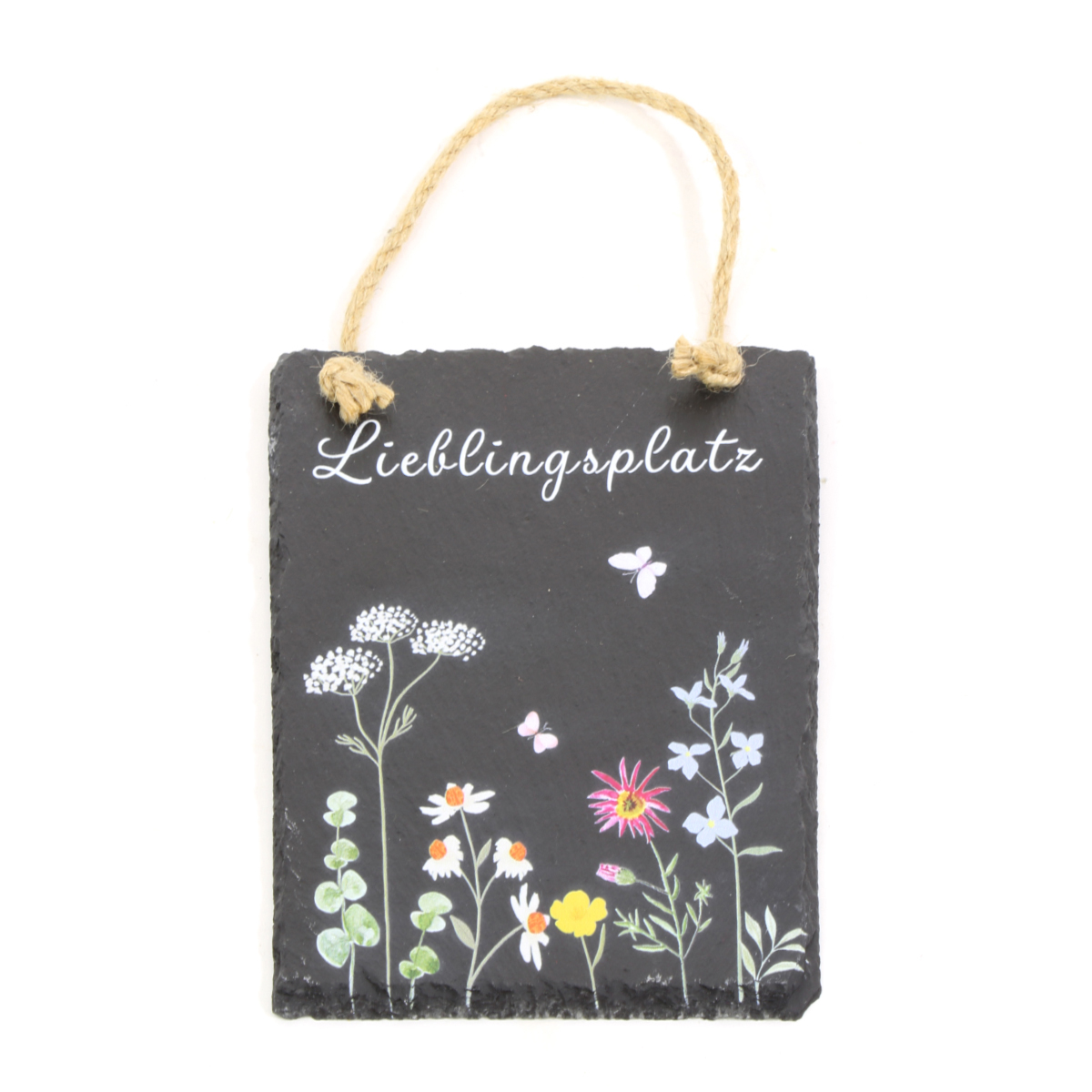 Deko Schiefertafel Lieblingsplatz, Schiefertafel mit Blumen und Schmetterlinge, 15x20cm, Hänger