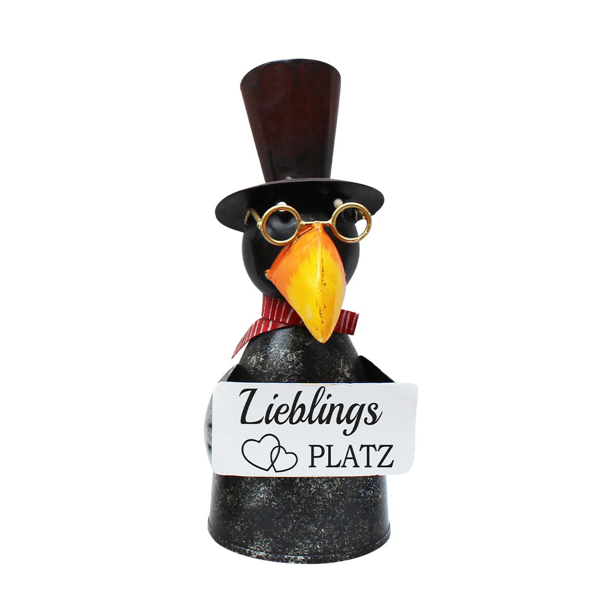 Zaunhocker Rabe Lieblingsplatz, Metallrabe mit Schild, Zylinder und Brille, 26cm