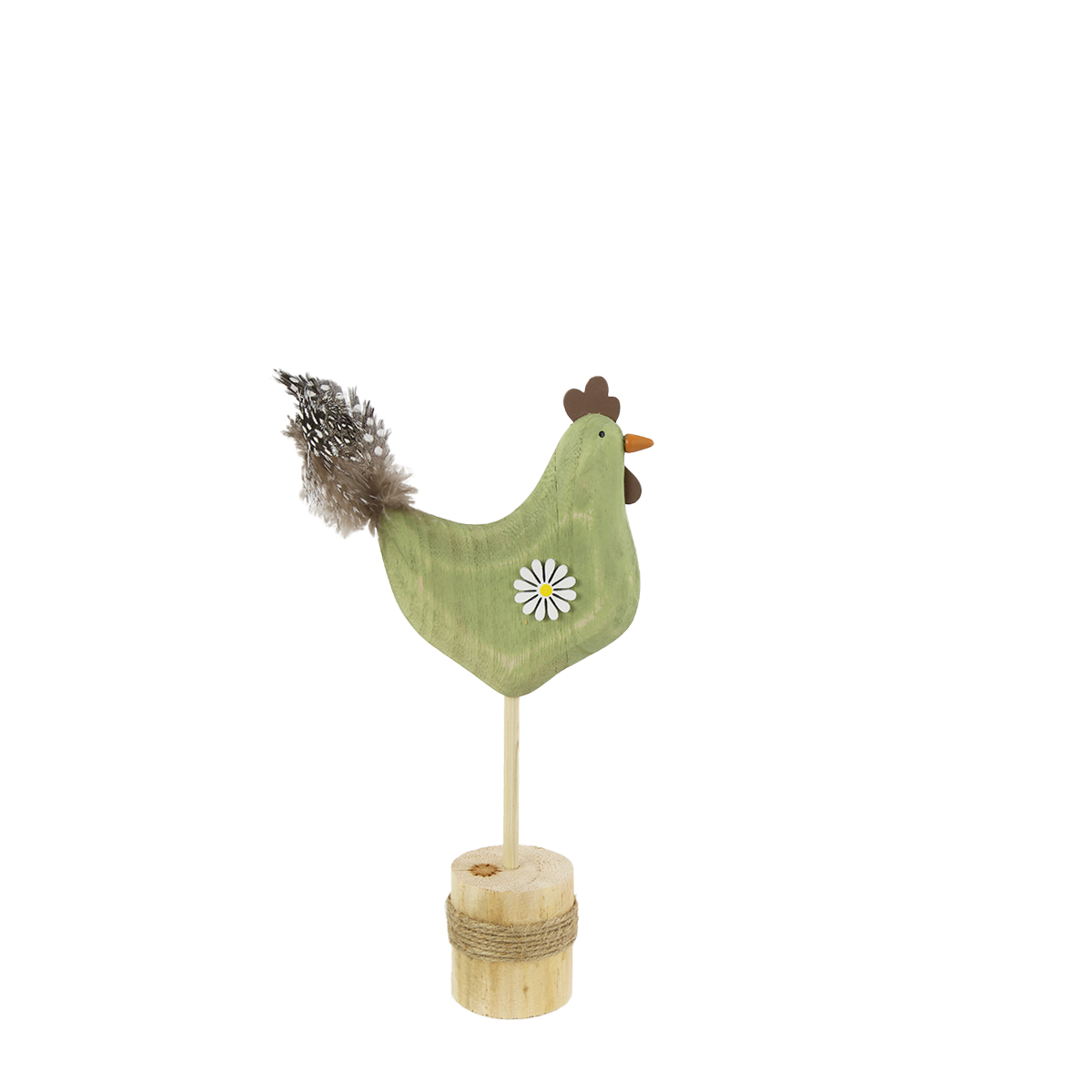 Deko Hahn auf Sockel, Holzhahn grün-natur, 23cm