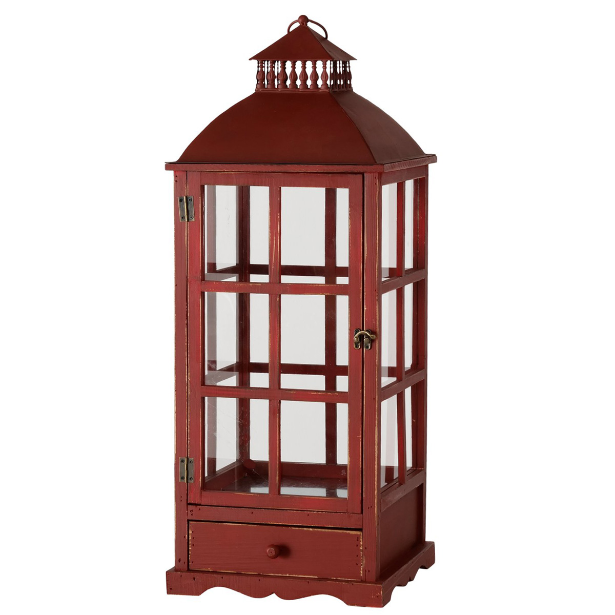 Holzlaterne Brighton rot im Shabby Look, rustikales Windlicht mit Schublade, 80cm, Boltze Home Collections