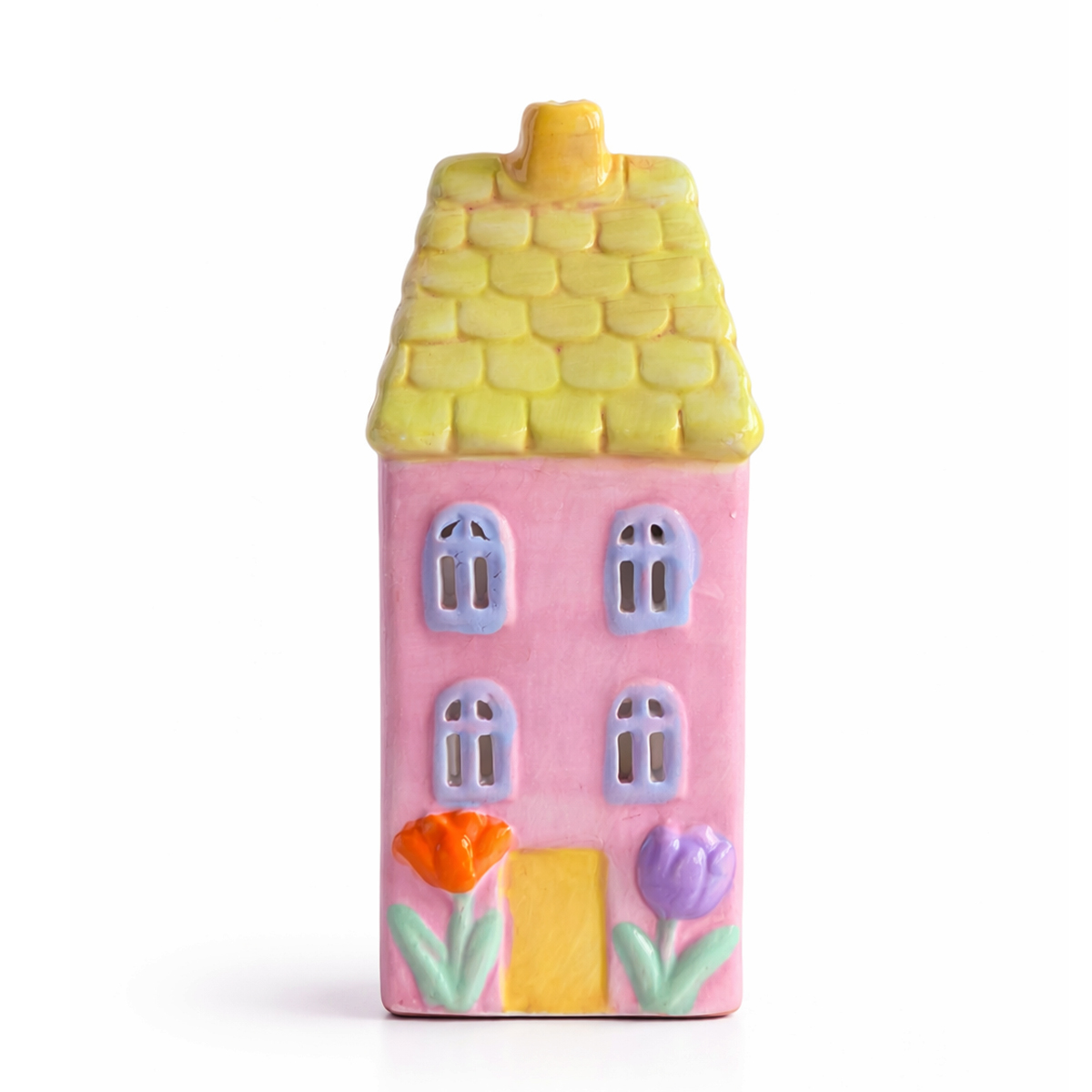 Windlicht Haus rosa, putziges Keramikhaus mit Blumen, 17cm
