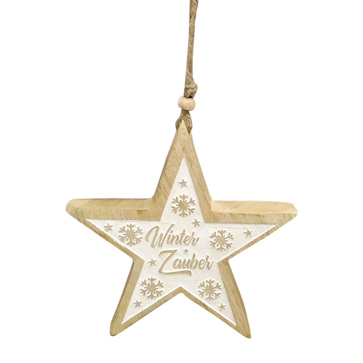 Deko Stern Winterzauber, Holzstern mit Spruch, natur-weiß, 15x15cm, Hänger
