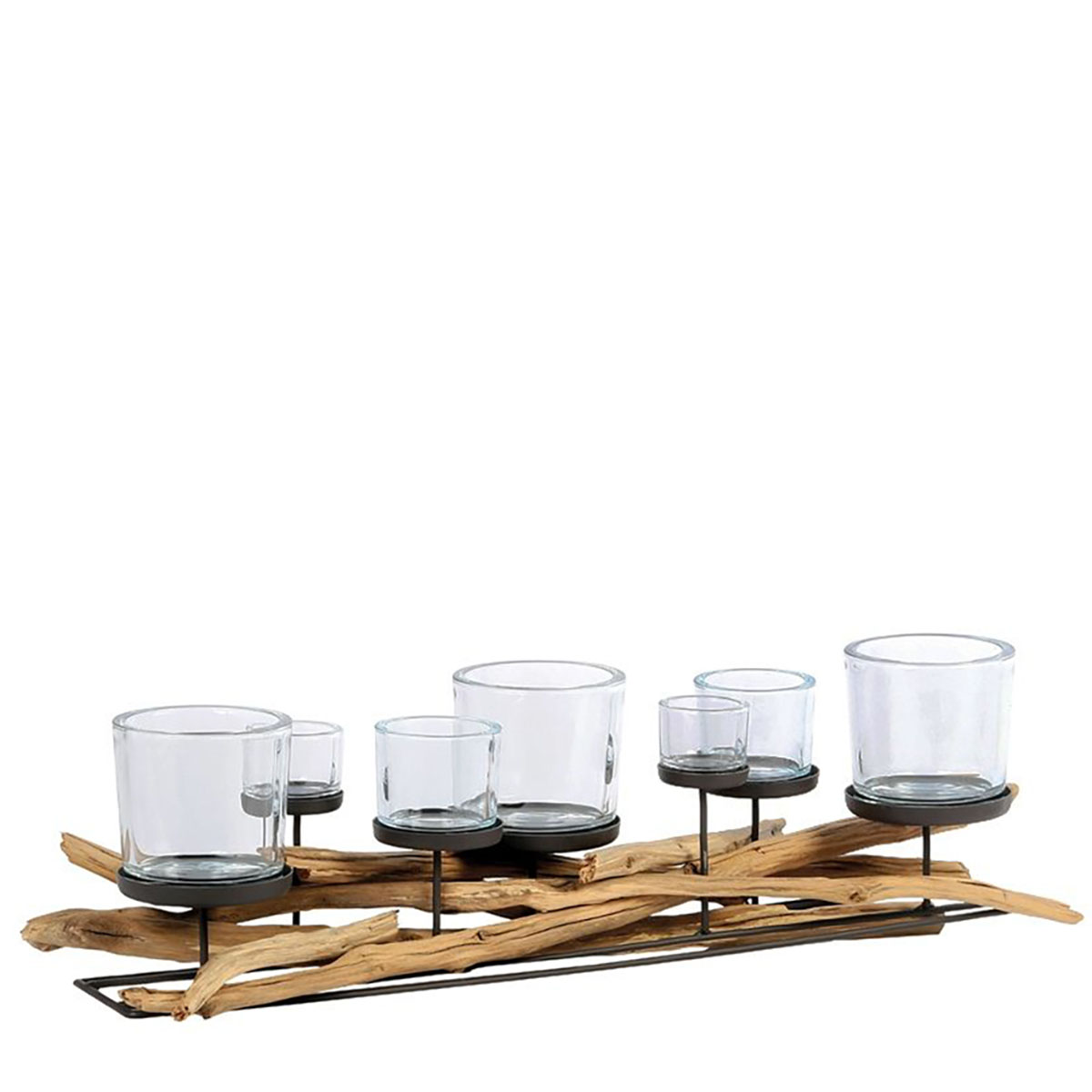 Windlicht Lincoln Schwemmholz, Naturholzleuchter mit 7 Gläser, 80cm, WMG Grünberger