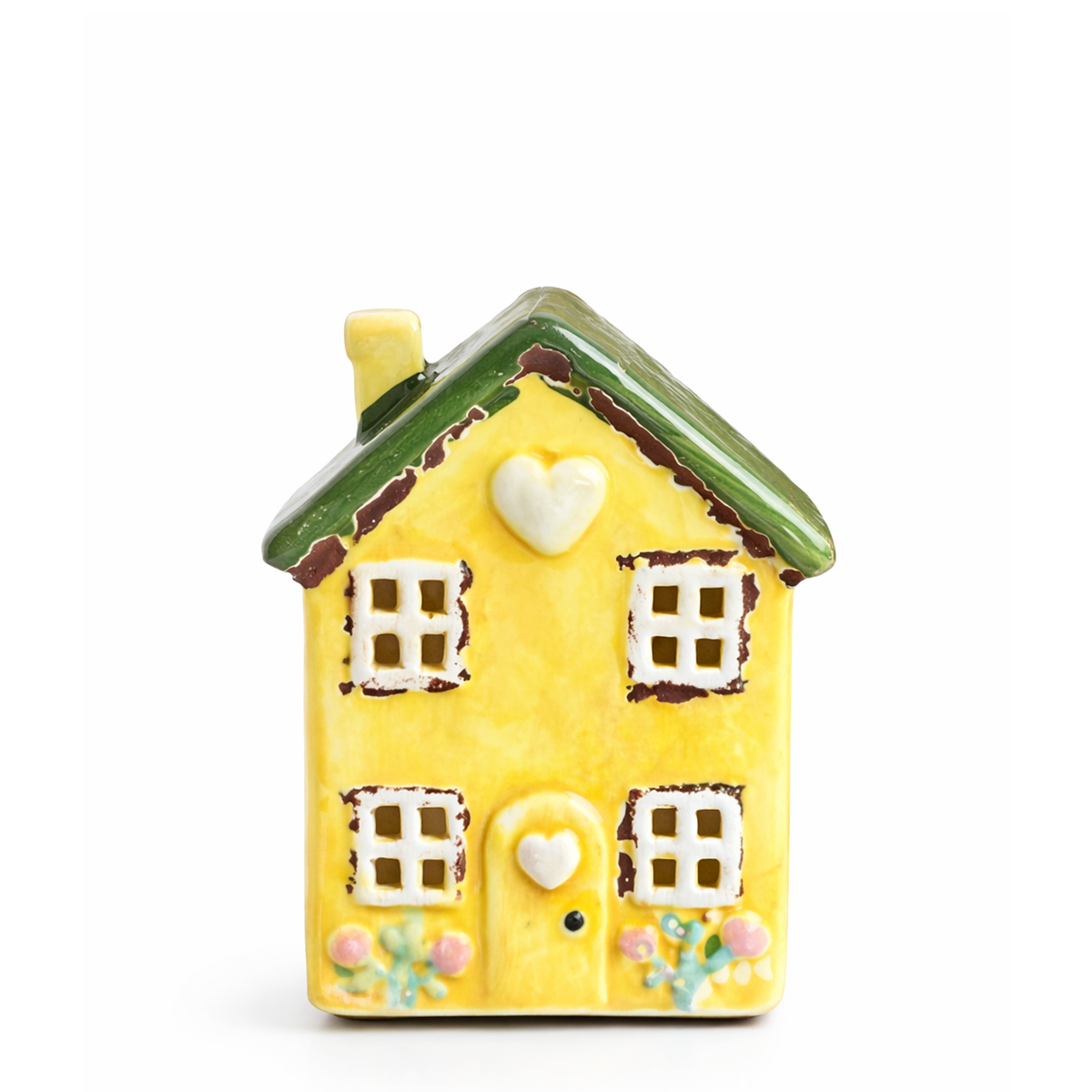 Windlicht Haus gelb, kleines putziges Keramikhaus mit Blumen und Herz, 10cm
