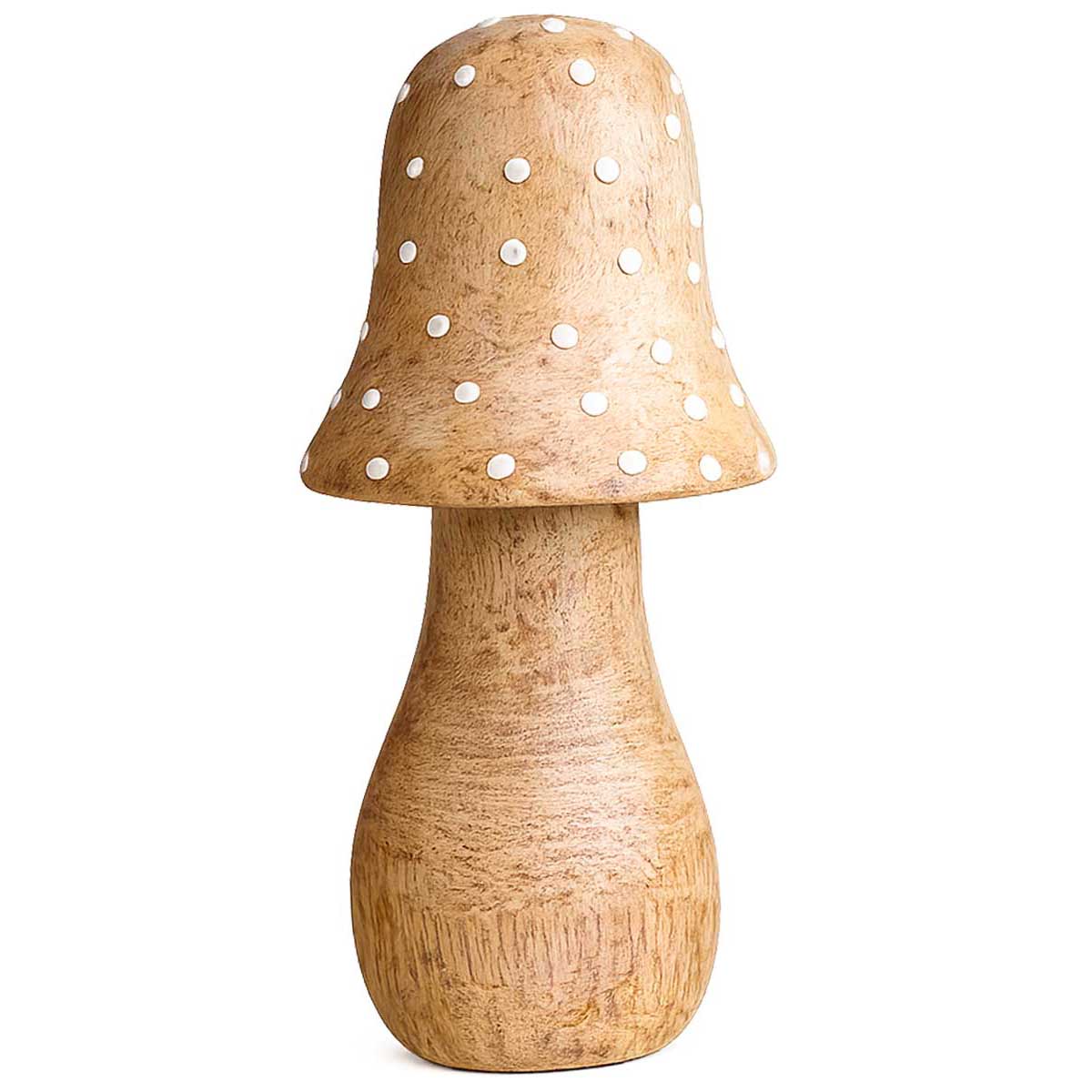 Deko Holzpilz Natur mit weißen Punkten und schmaler Kappe, Fliegenpilz 