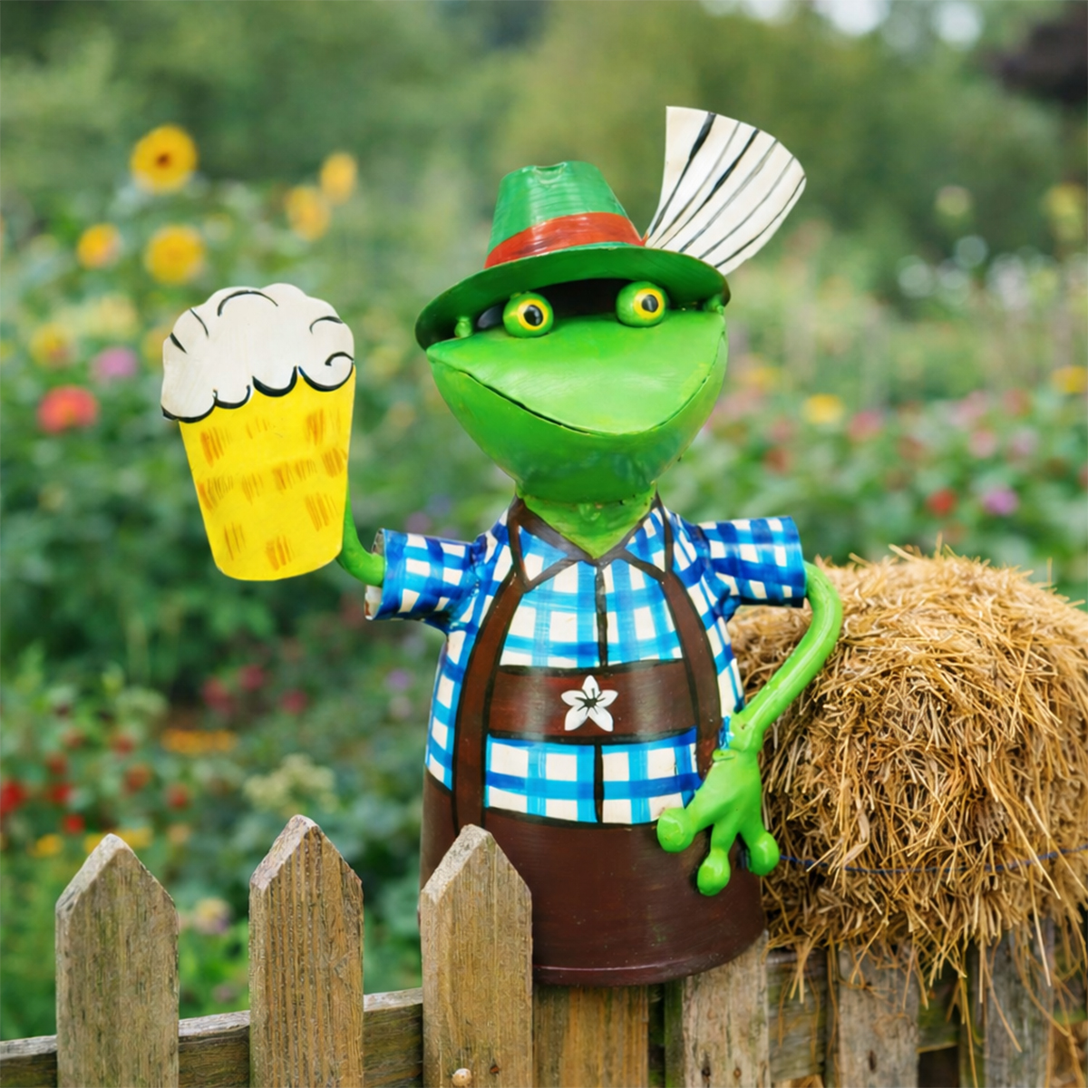 Zaunhocker Frosch Oktoberfest, bayerischer Trachtenfrosch Sepp mit Bierkrug und Trachtenhut, 14x20cm, Metall