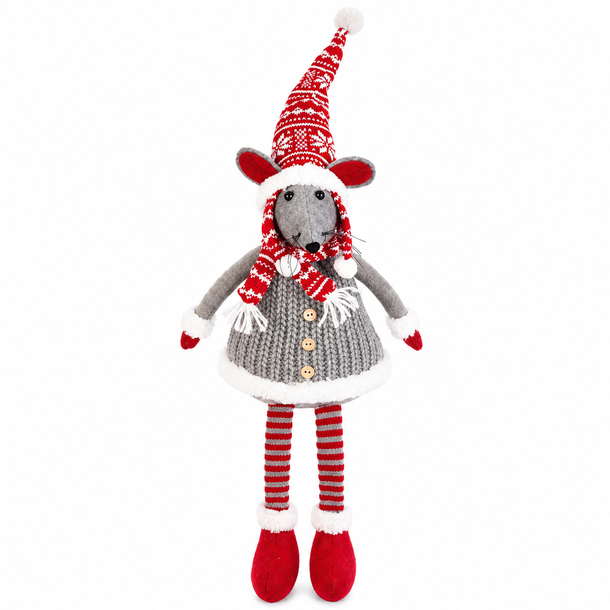 Deko Weihnachtsmaus, Filzmaus mit grauem Strickkleid und Norweger-Mütze