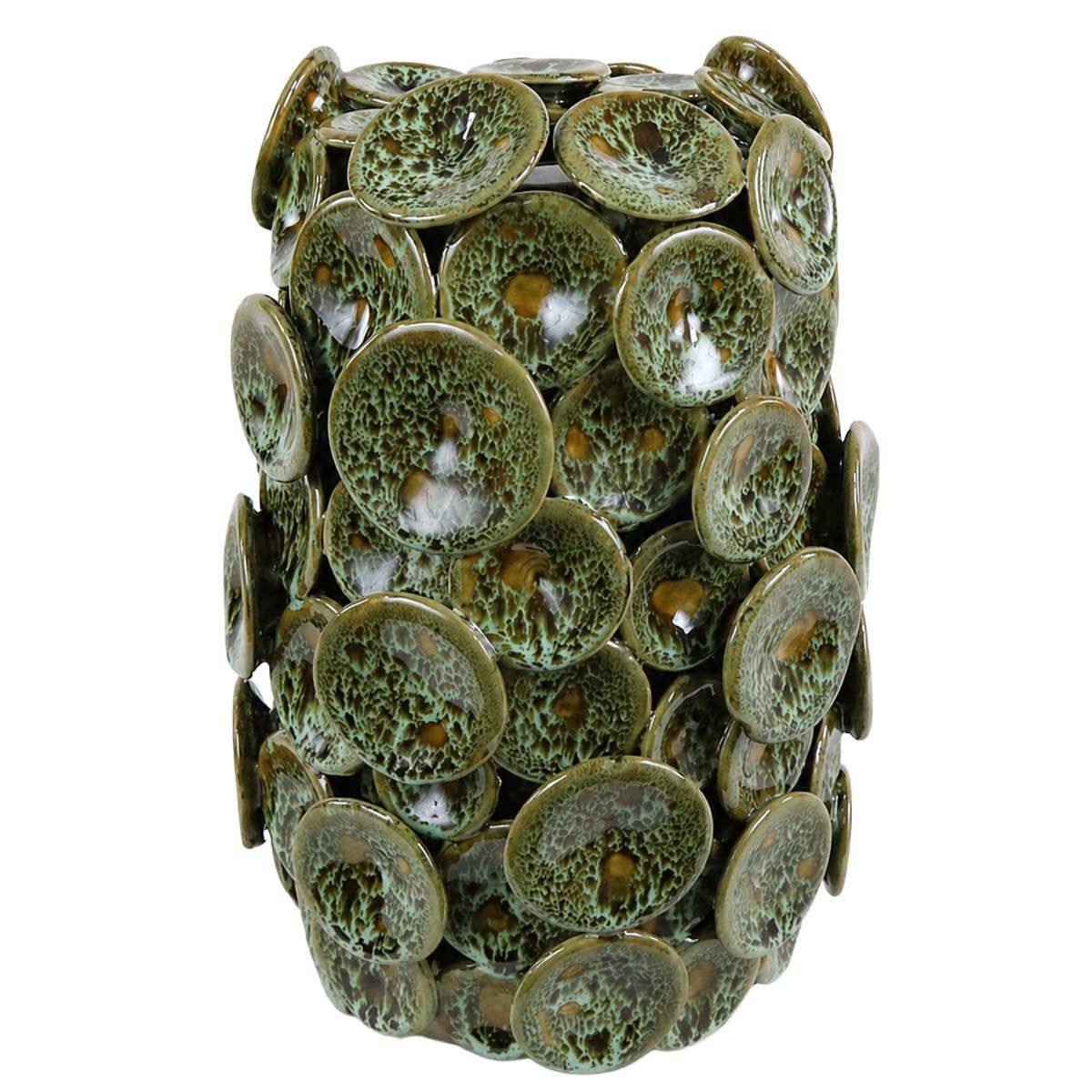 Deko Übertopf oder Blumenvase aus glasierter Keramik, organische Struktur, grün-braun