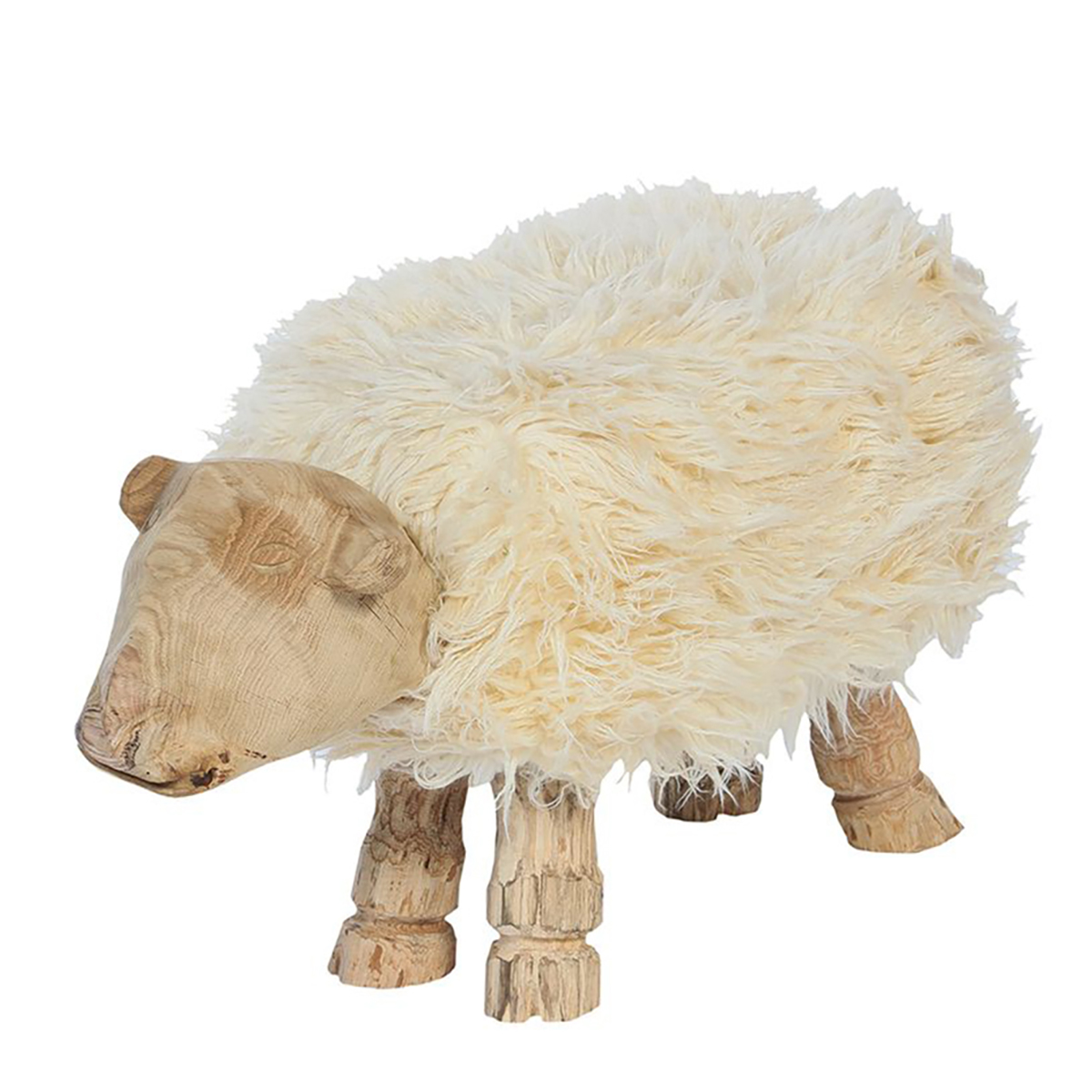Schaffellhocker Berta, Holzhocker Schaf aus Naturholz und Schafwolle, 42x75cm, WMG Grünberger