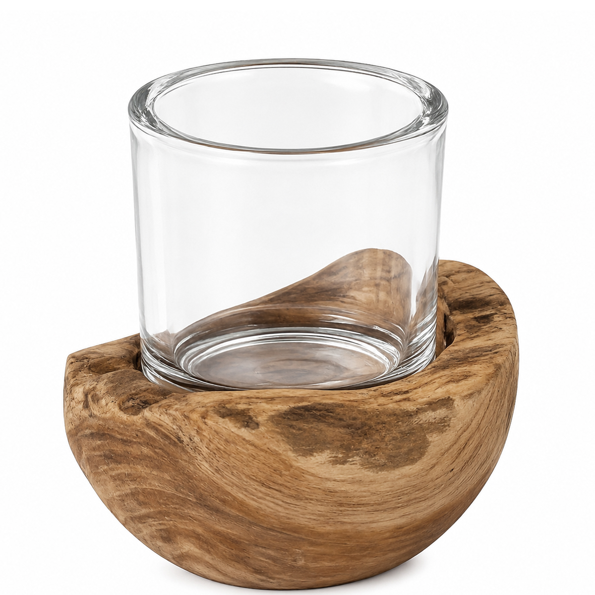Holz Windlicht Teak unfinish, Glaszylinder auf Holzsockel, 14cm, WMG Grünberger