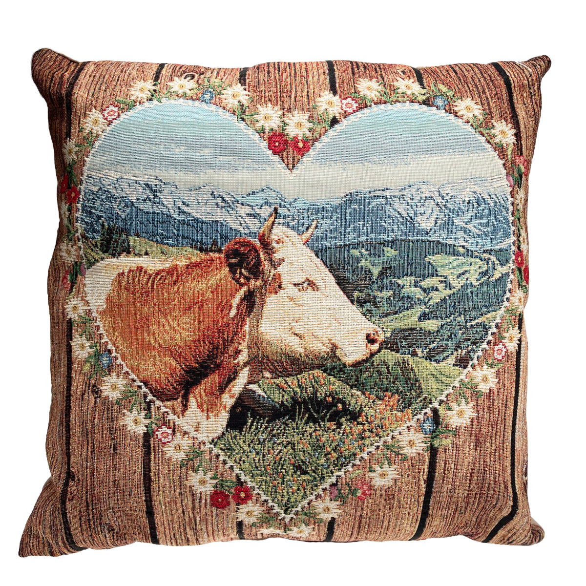 Baumwoll Kissen Alpenliebe, Kuhkopf im Herz, 43x43cm, Belly Moden