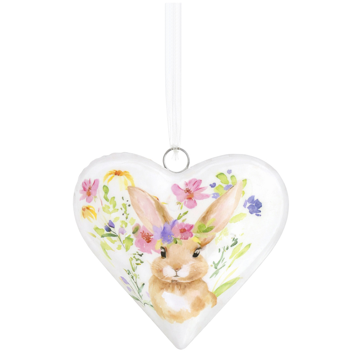Deko Herz Ostern, Metallherz mit putzigem Häschen und Blumen, 11cm