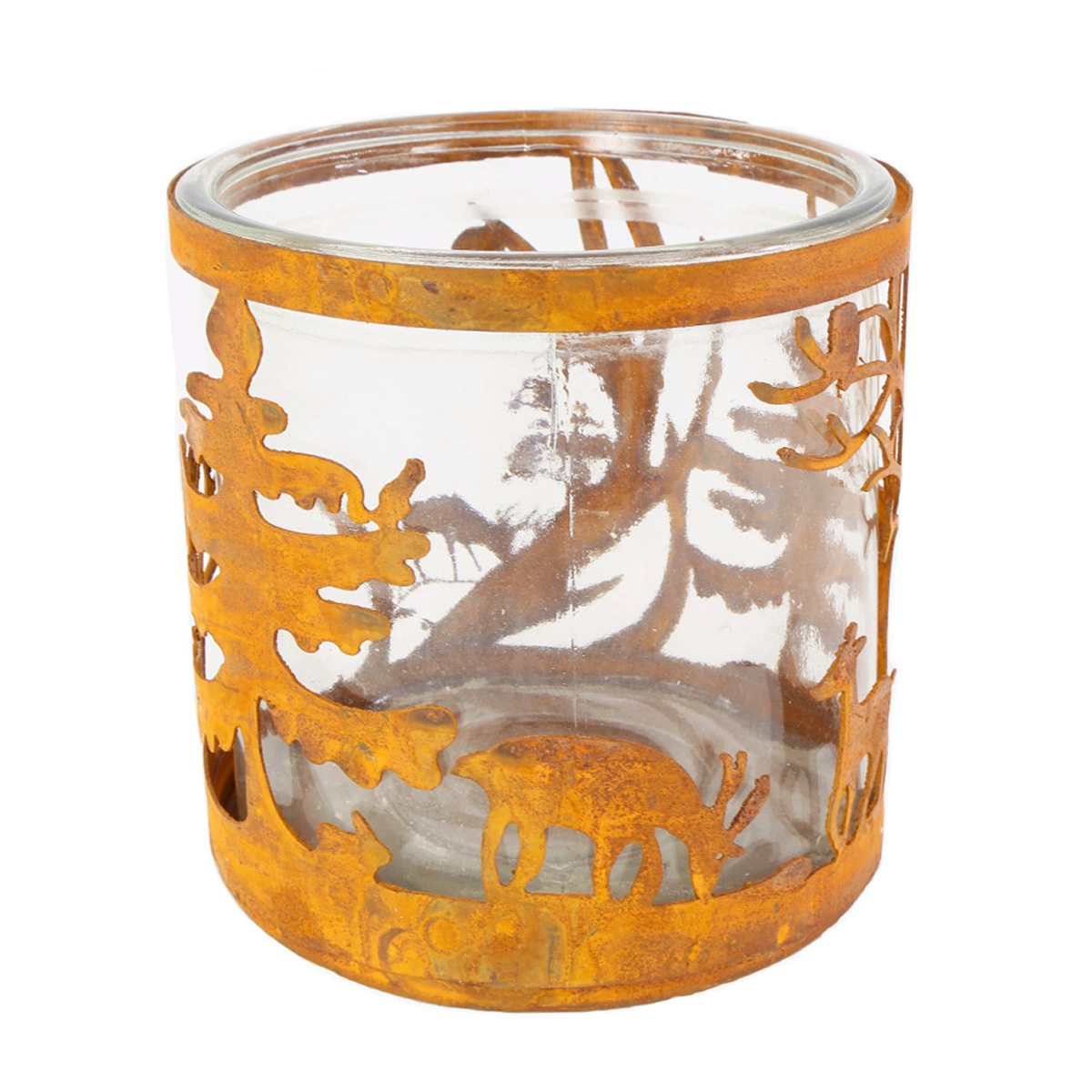 Windlicht Hirsche, Rostwindlicht Tiere im Wald, 12x12cm, Edelrost