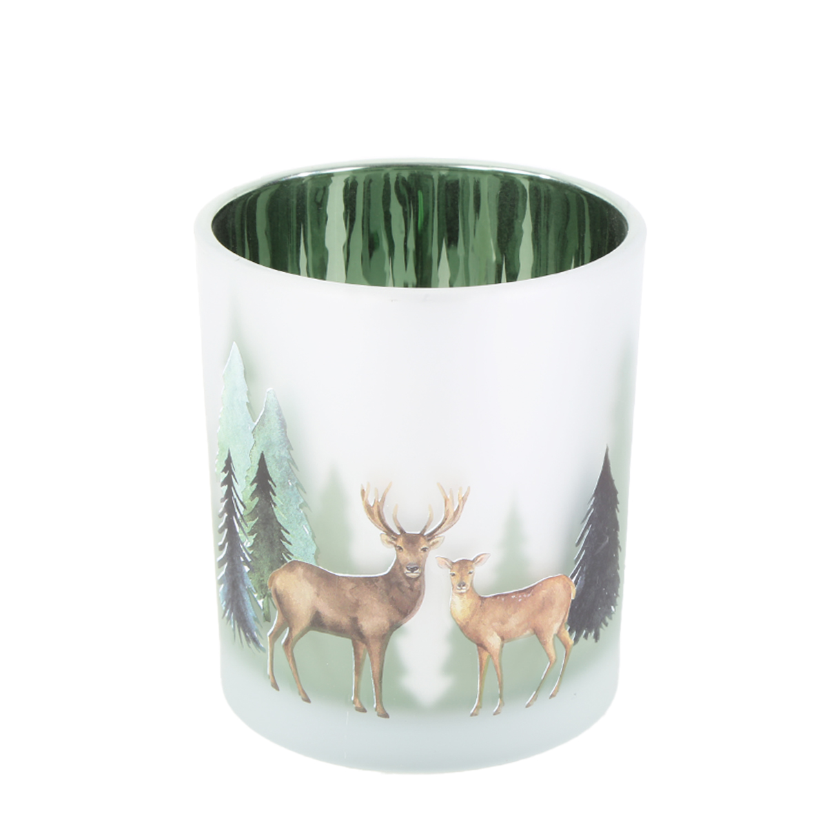 04233_01J95ZS8GEDQJKQMYST58A7WXHCbZ5C80ehgXRM Windlichtglas Winterwald, Hirsche und Reh im Wald, matt, grün, 9x10cm,