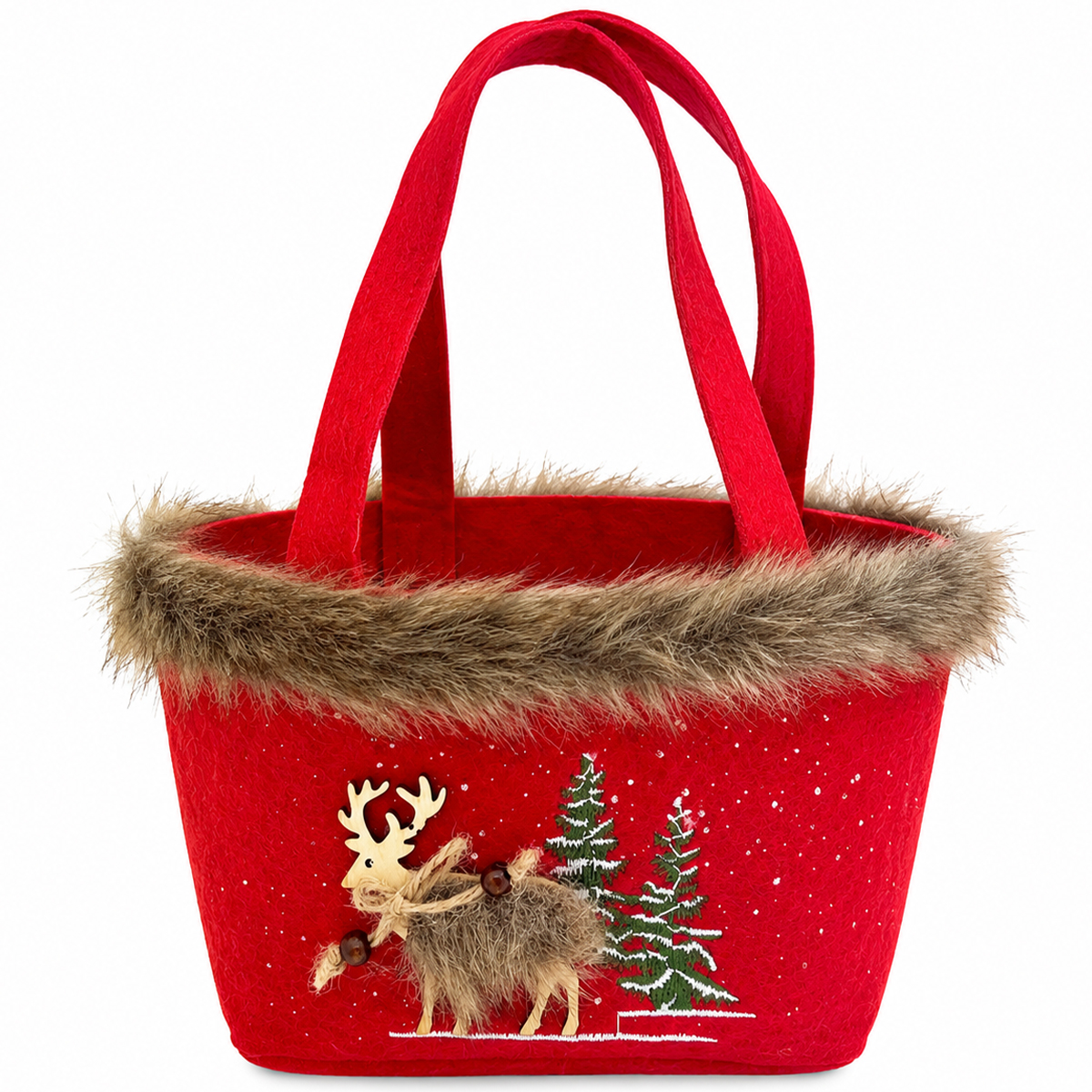 Filztasche mit Holzhirsch und Tannenbäume, Henkeltasche Winter mit Fellrand