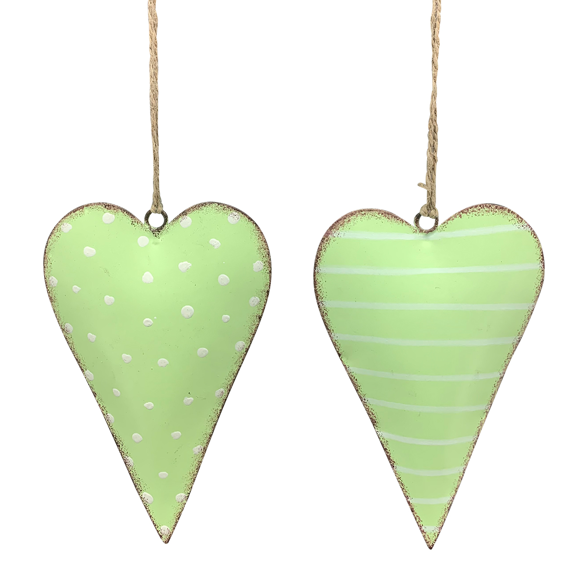 Deko Herz gepunktet oder gestreift, Metallherz grün-weiß, 13cm, Hänger