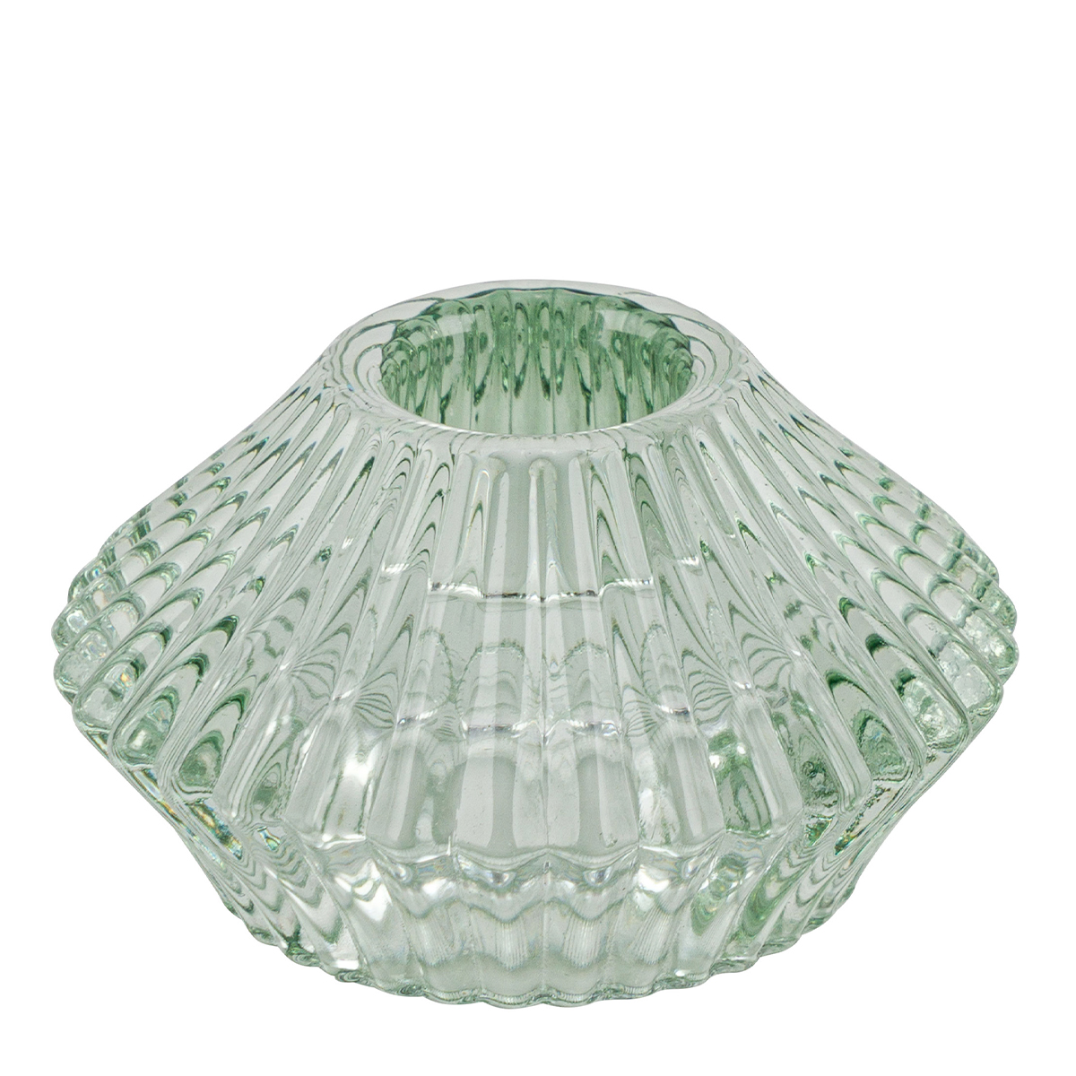 Deko Teelichtglas Ufo, Windlicht aus Glas gestreift hellgrün, 7x4cm