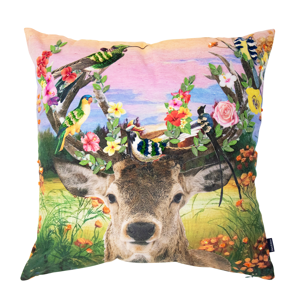 Deko Kissen Hirsch Fleury, Hirsch mit Blumengeweih und Vögel, 45x45cm, Mars & More