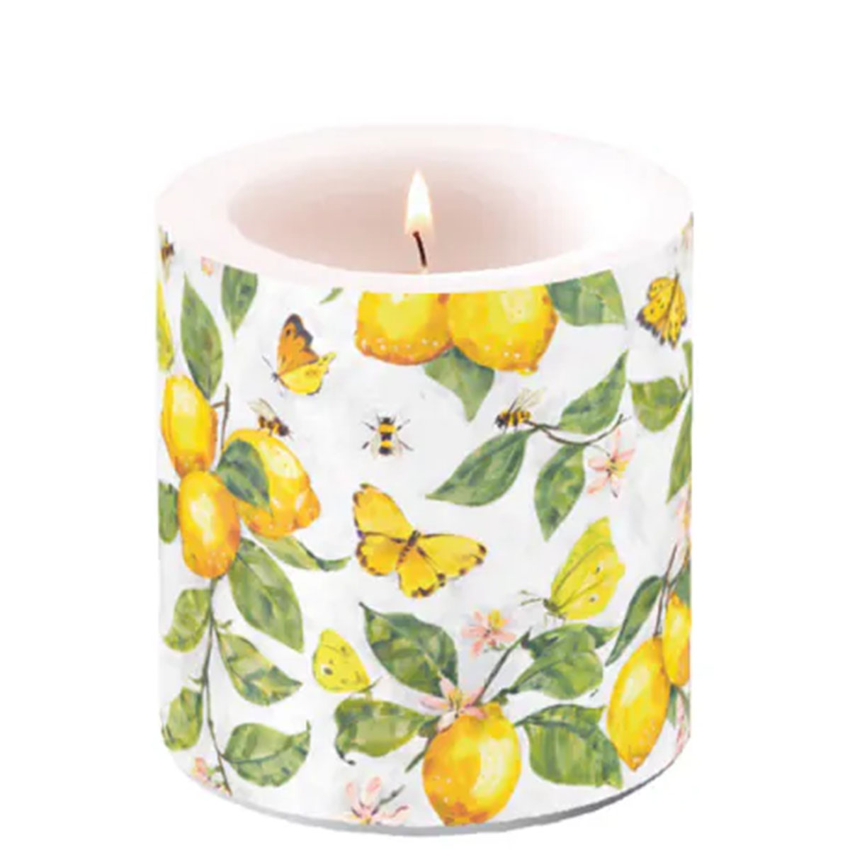 Kerze mit Zitronenmotiv, Stumpenkerze Zitronen und Schmetterling