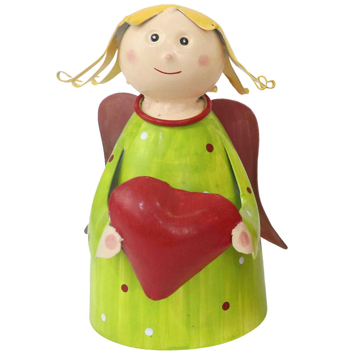 Zaunhocker Engel Schutzengel used look, Metallengel mit Herz und grünem Pünktchen-Kleid, 22cm
