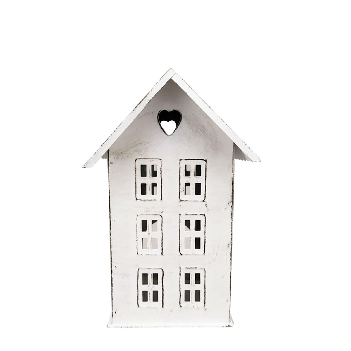Deko Windlicht, Haus mit Herz, antikweiß, used look, 15x21cm, Metall