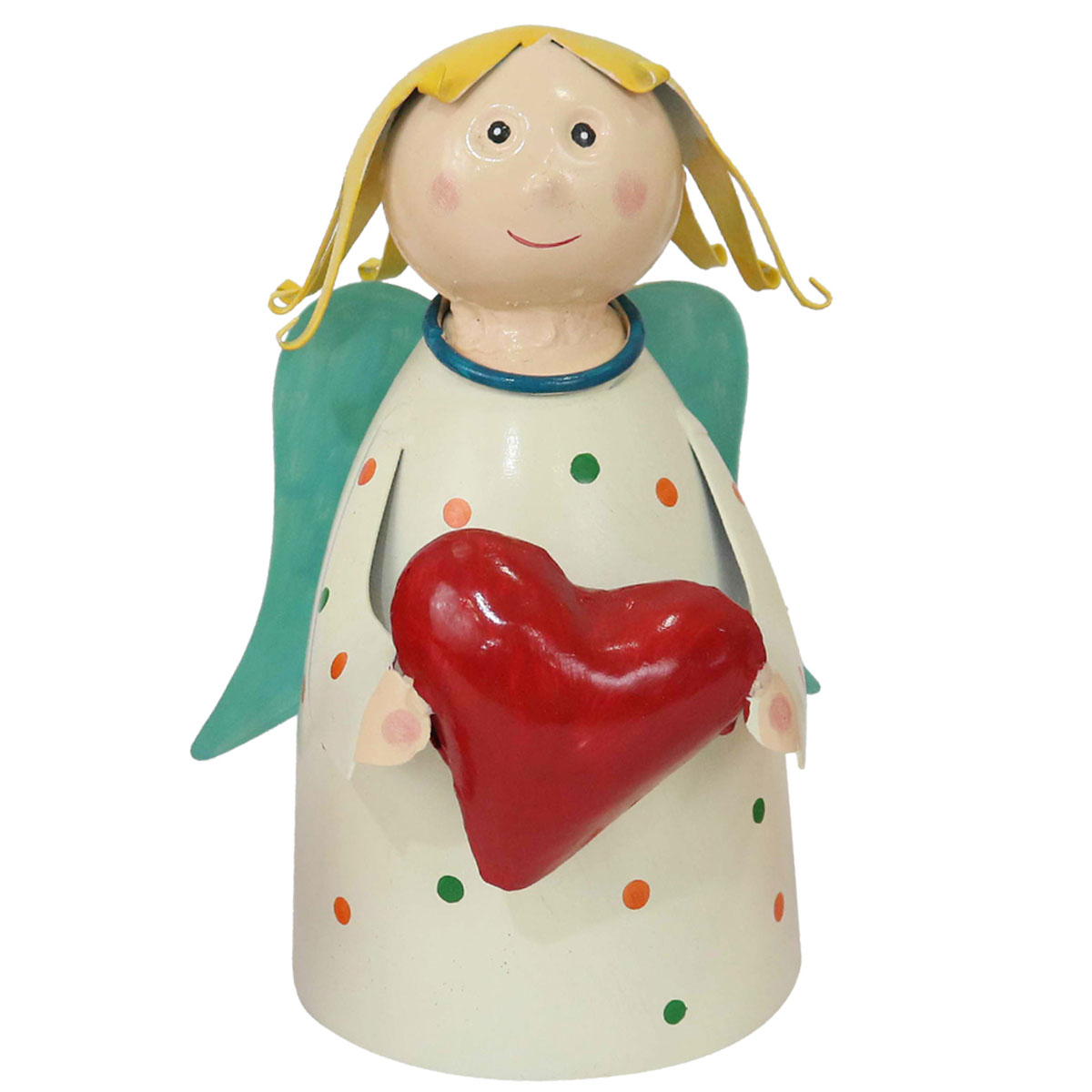 Zaunhocker Engel Schutzengel used look, Metallengel mit Herz und cremeweißen Pünktchen-Kleid, 22cm