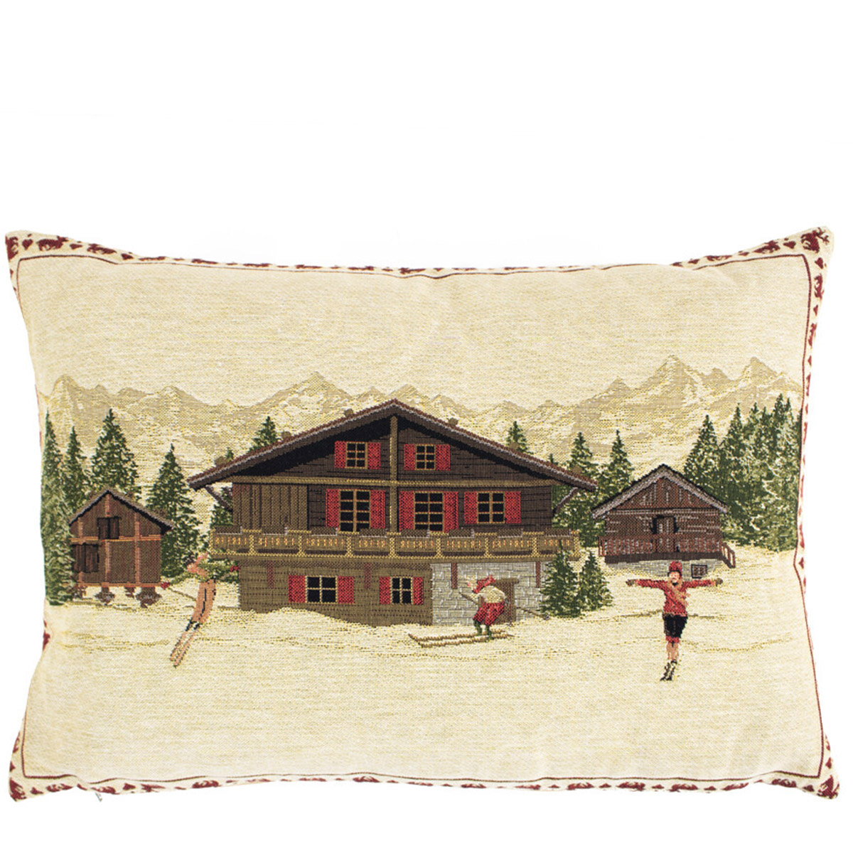 Gobelin Kissen Berghütte, Chalet mit Skifahrer, 30x45cm, Mars & More