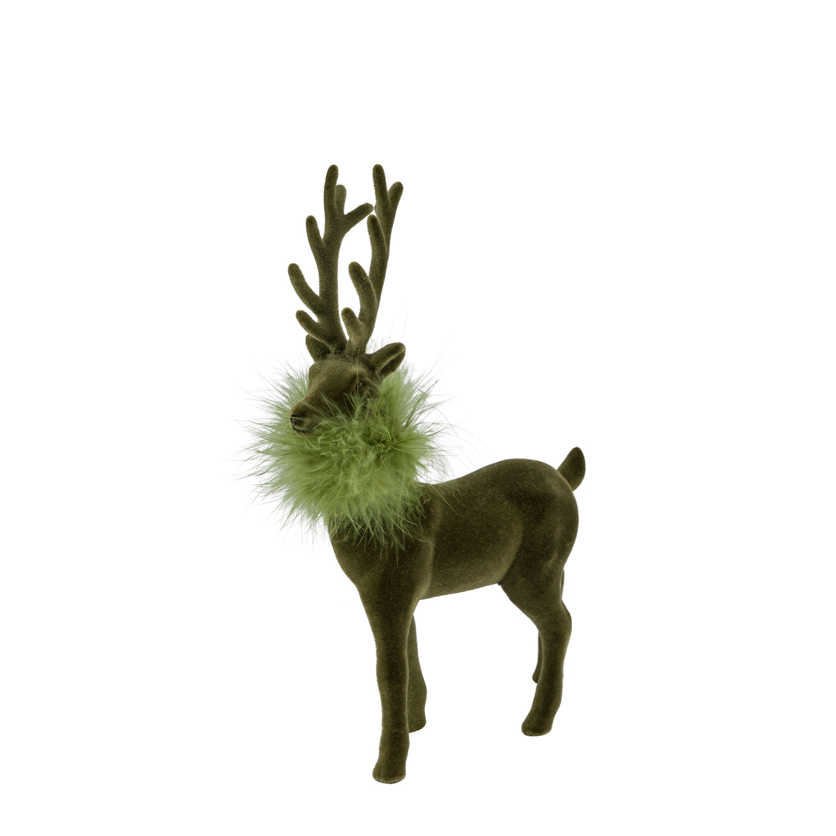 Deko Hirsch mit Federboa, olivgrüner Hirsch, samtig beflockt, 28cm