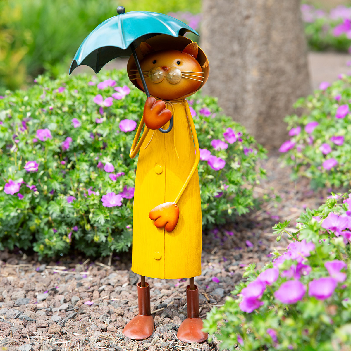 Deko Katze mit Regenschirm, große Metallkatze mit gelben Regenmantel, 41cm