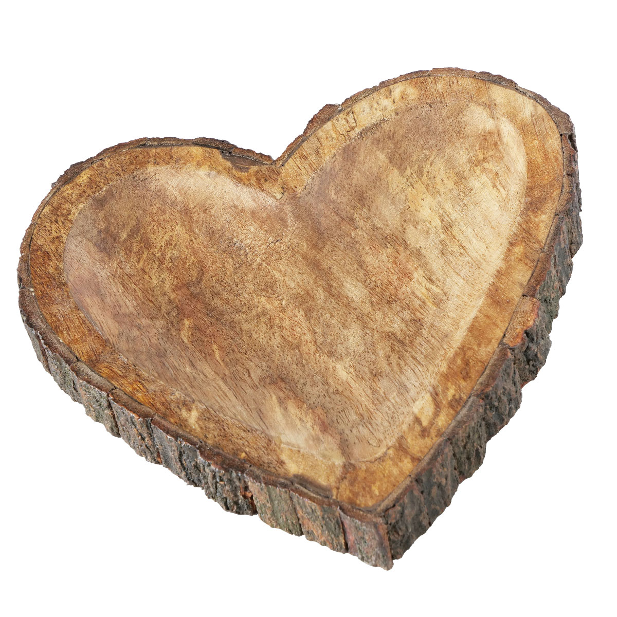 Holzschale Herz, rustikale Naturholzschale mit Rinde und kleiner Vertiefung, 25cm