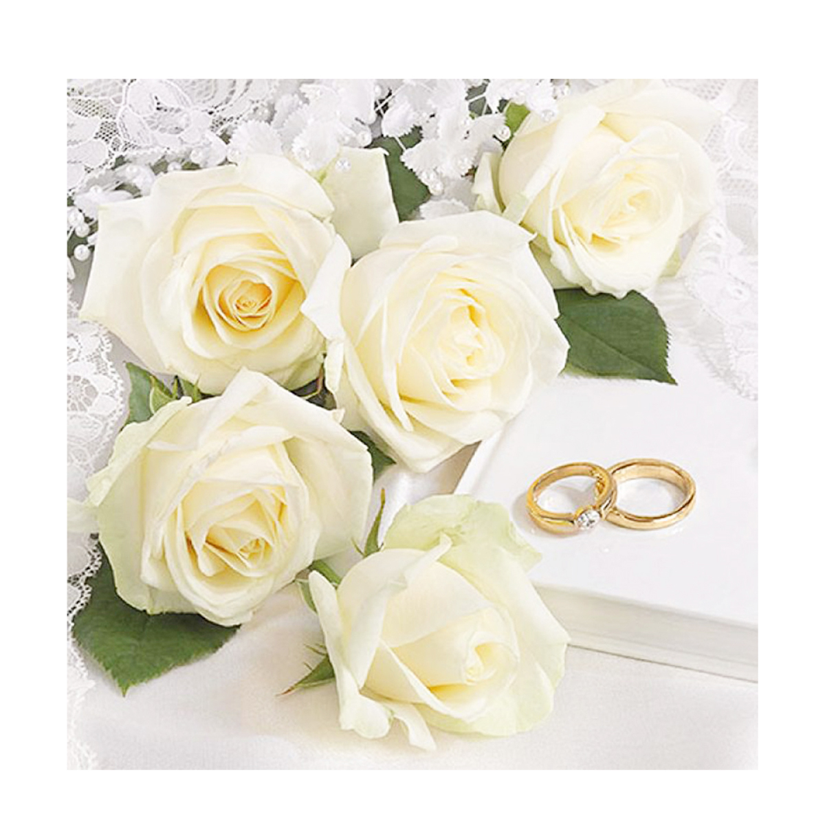 13314260_01JSCGWXC2Y37AE6EWZQ3NF4H4 Ambiente Papierservietten Hochzeit, Weiße Rosen und Trauringe, 33x33cm