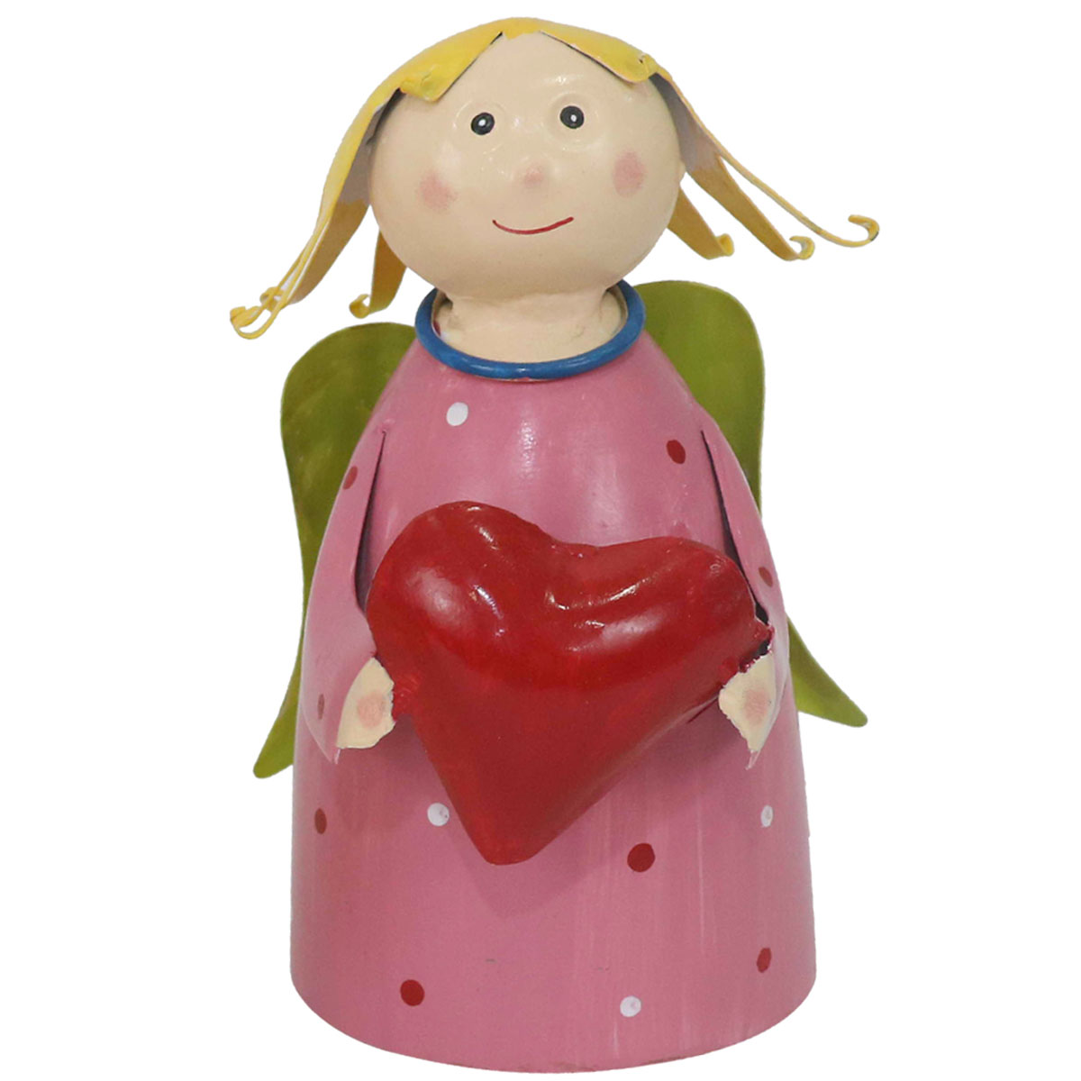 Zaunhocker Engel Schutzengel used look, Metallengel mit Herz und rosa Pünktchen-Kleid, 22cm