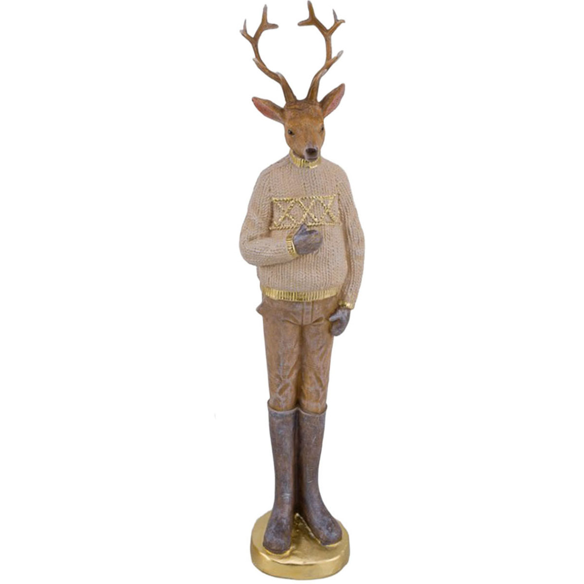 Deko Hirsch Winter, edler schlanker Hirsch-Mann mit Pullover und Stiefel, 29cm