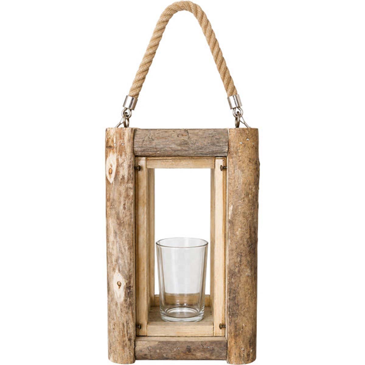 Holzlaterne Naturholz, schlichtes rustikales Windlicht, 38cm
