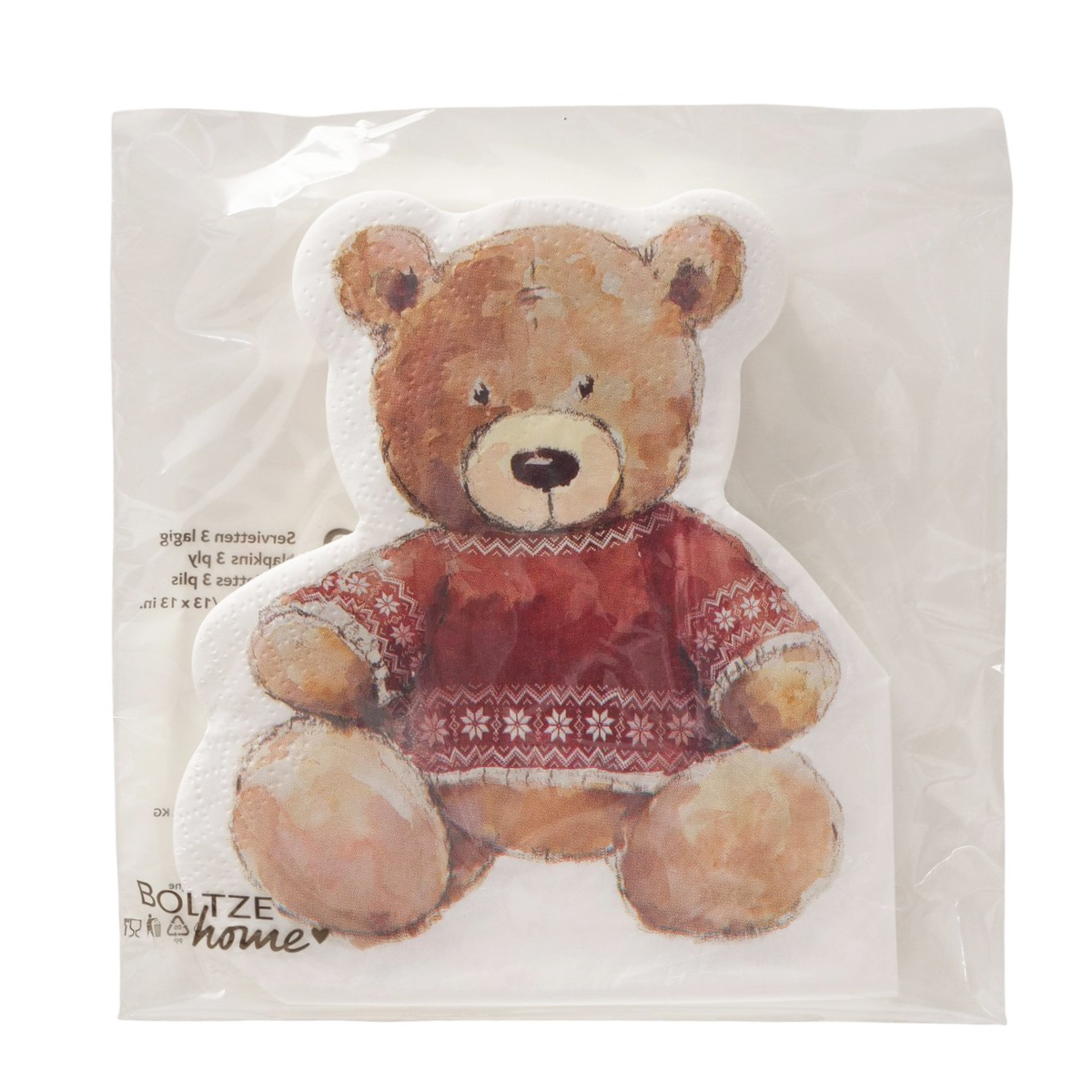 Papierservietten Teddy Bailey, gestanzt, mit Weihnachtsbär, 14x15cm, Boltze Home Collection