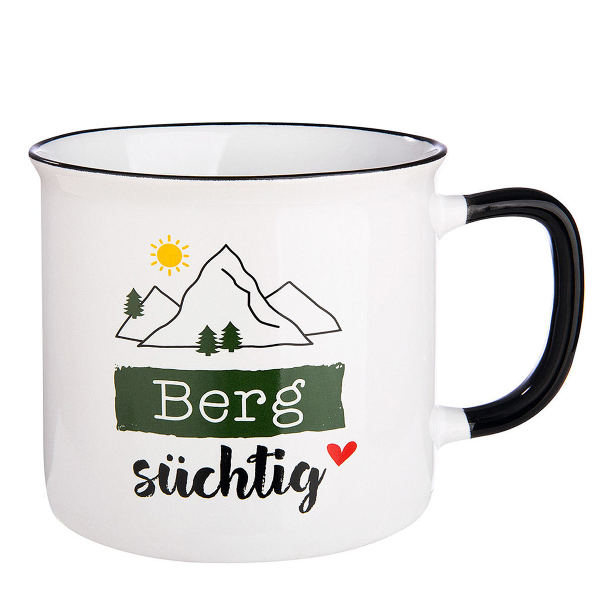 Keramik Becher Berg, Henkelbecher mit Spruch: Bergsüchtig, Emailledesign, 390ml, Gilde