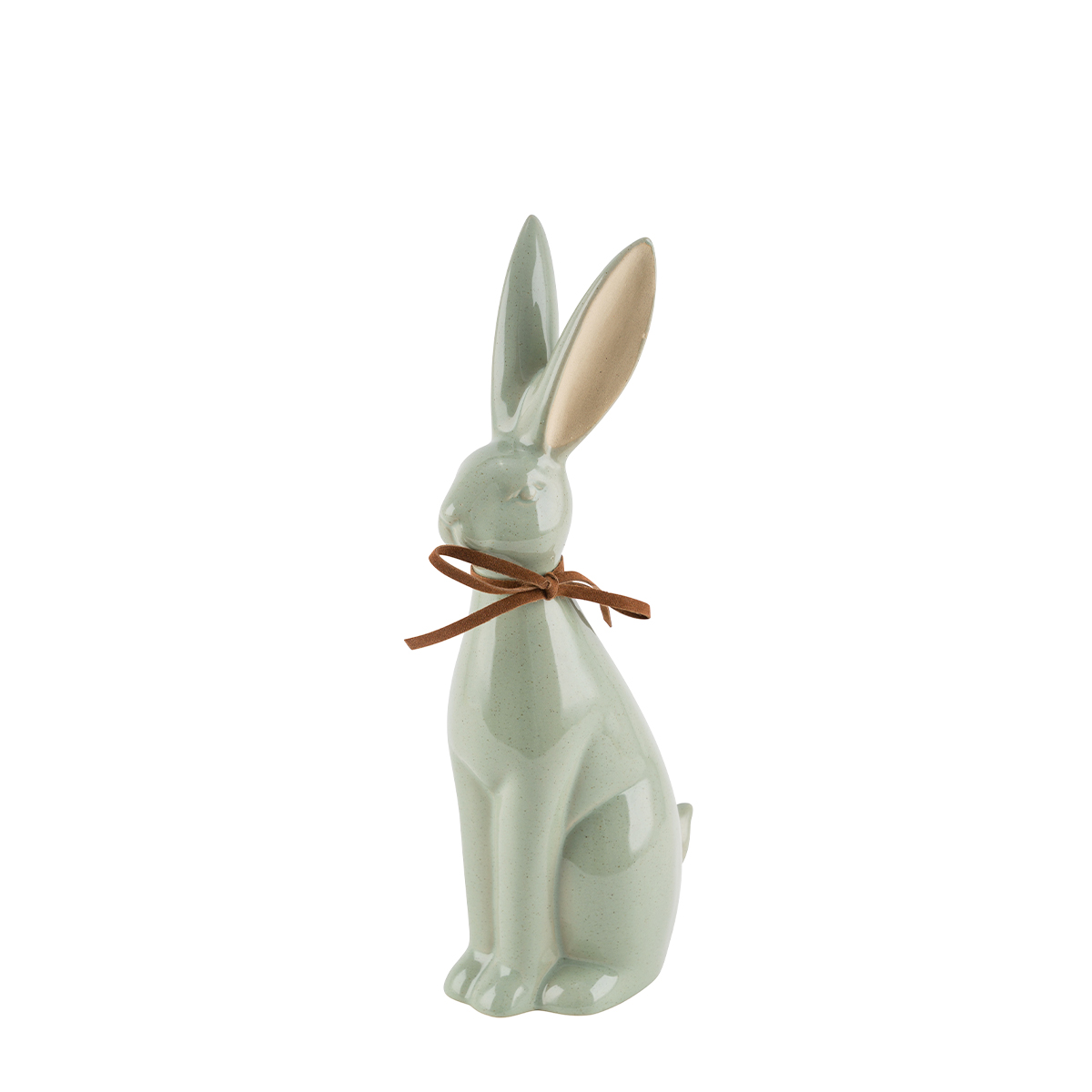 Deko Hase mit Schleife, schlanker Keramik Osterhase, glänzend salbei, 22cm