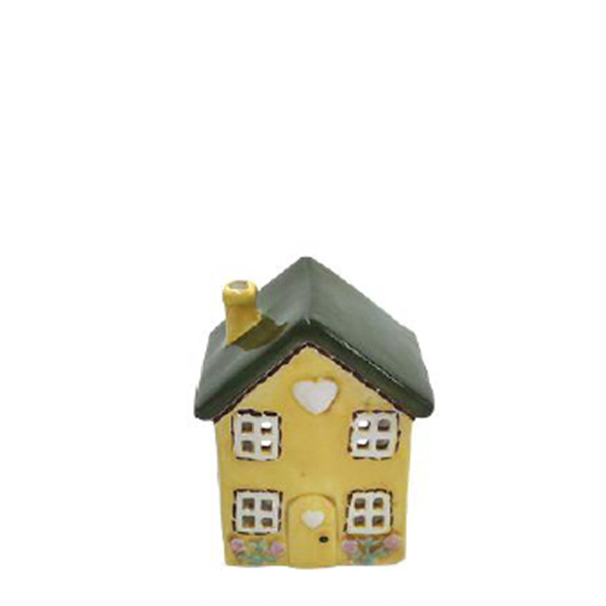 Windlicht Haus gelb, kleines putziges Keramikhaus mit Blumen und Herz, 10cm