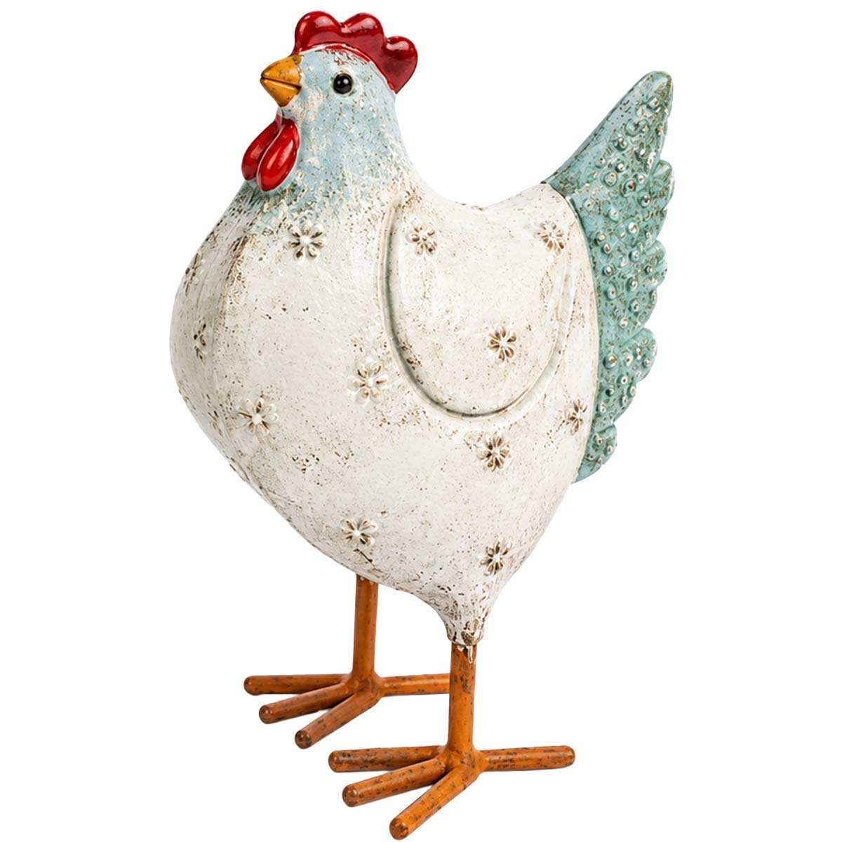 Deko Huhn mit Blumen, Metallhuhn creme-hellblau Used Look