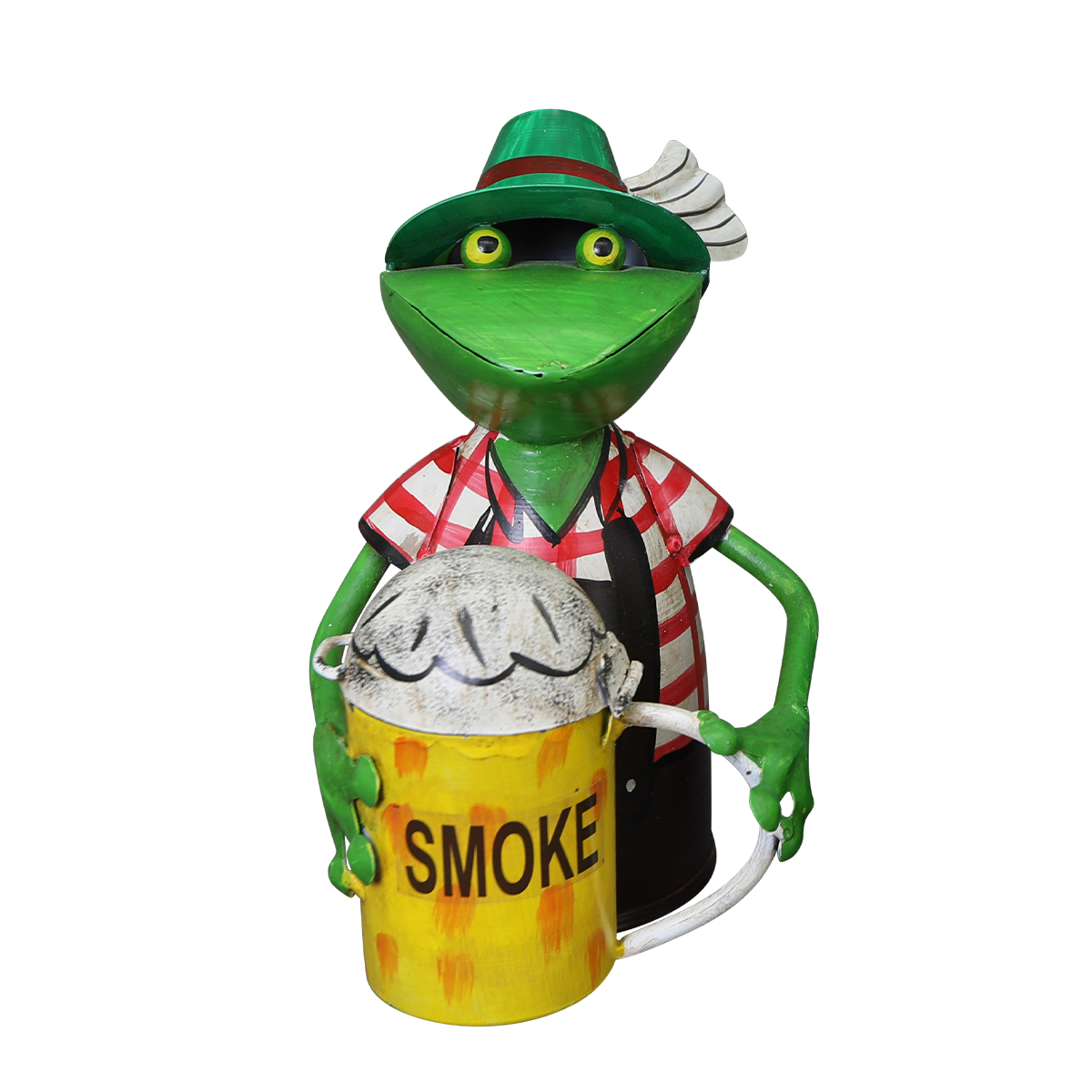 Zaunhocker Frosch Landhaus, Metallfrosch in Lederhose mit Aschenbecher Bierkrug, 22cm