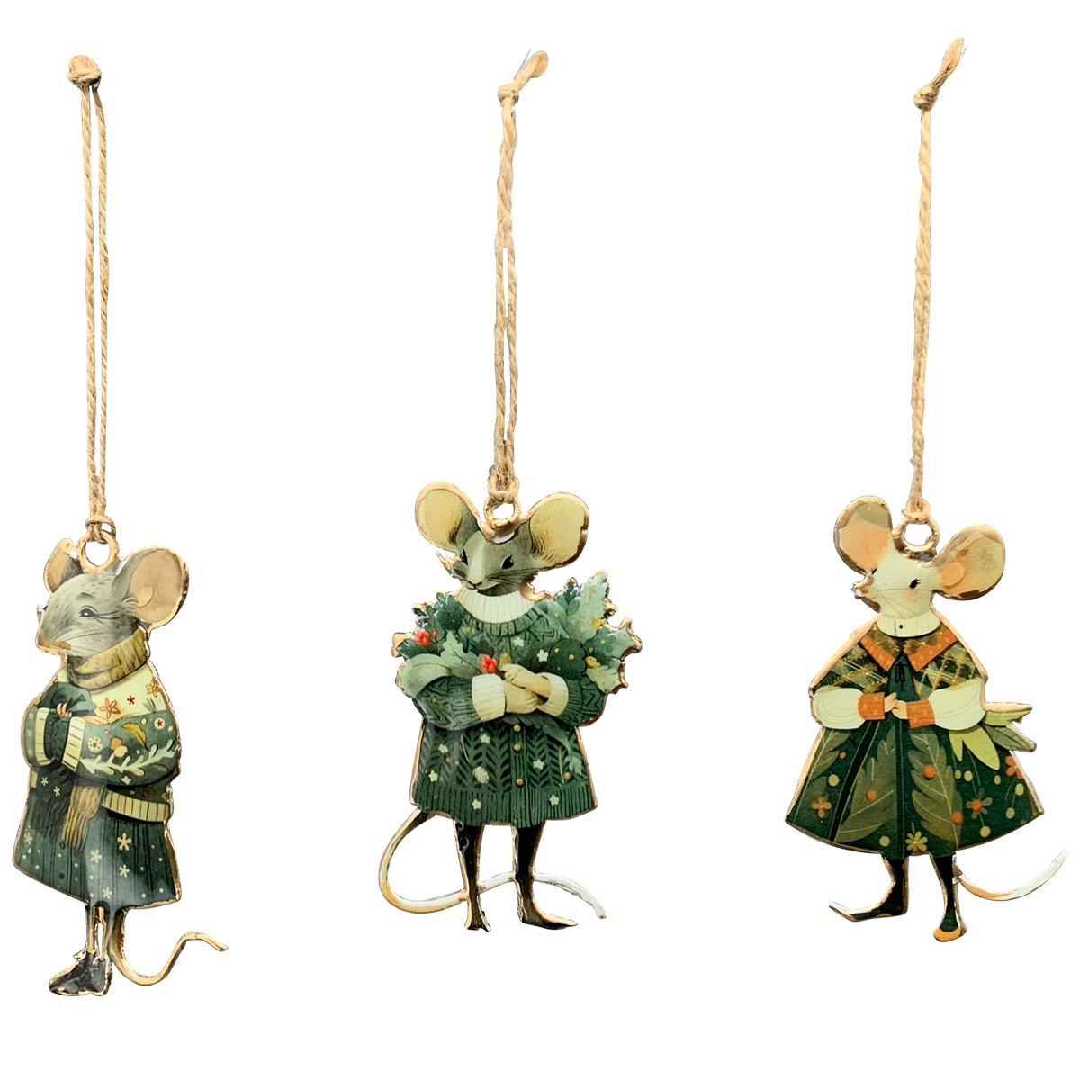 Deko Weihnachtshänger Maus im Kleid, Nostalgie-Metallmaus used look, 15cm