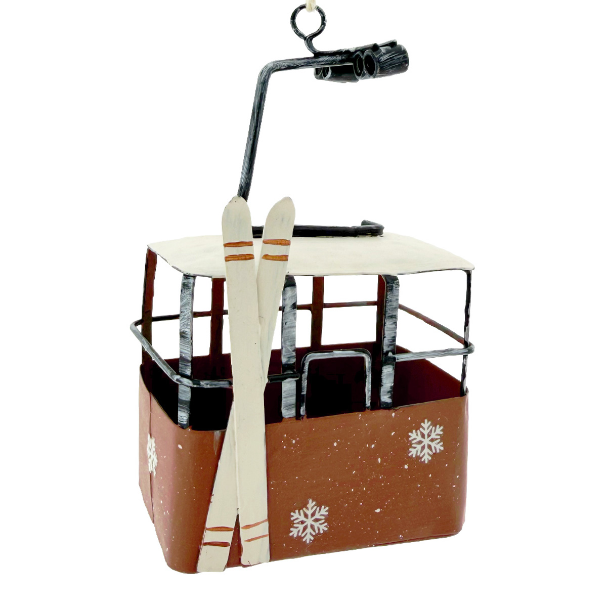 Deko Gondel hellbraun, schwarze Ski, Seilbahn, Skigondel aus Metall, 7x5x11cm, Hänger