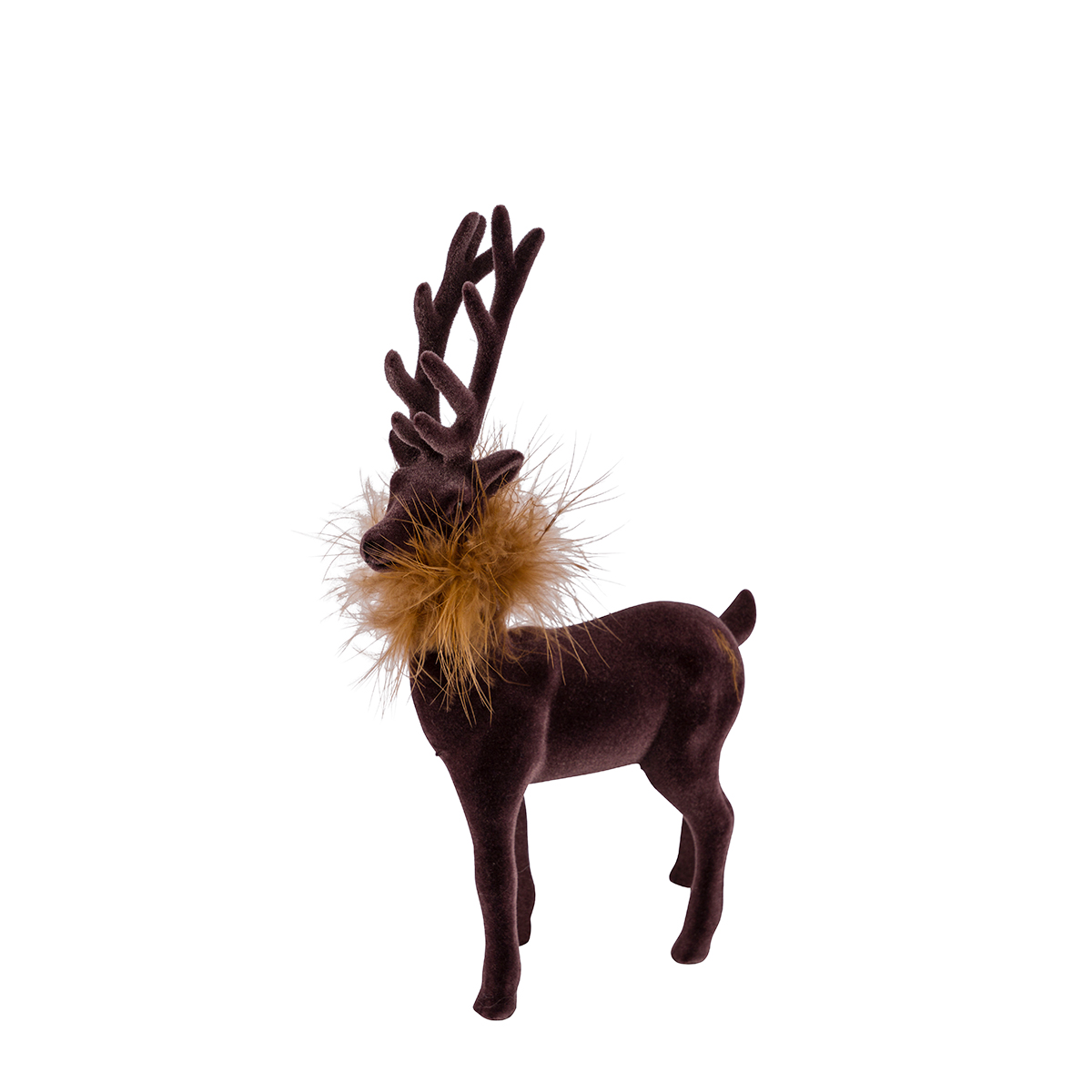 Deko Hirsch mit Federboa, brauner Hirsch, samtig beflockt, 19cm